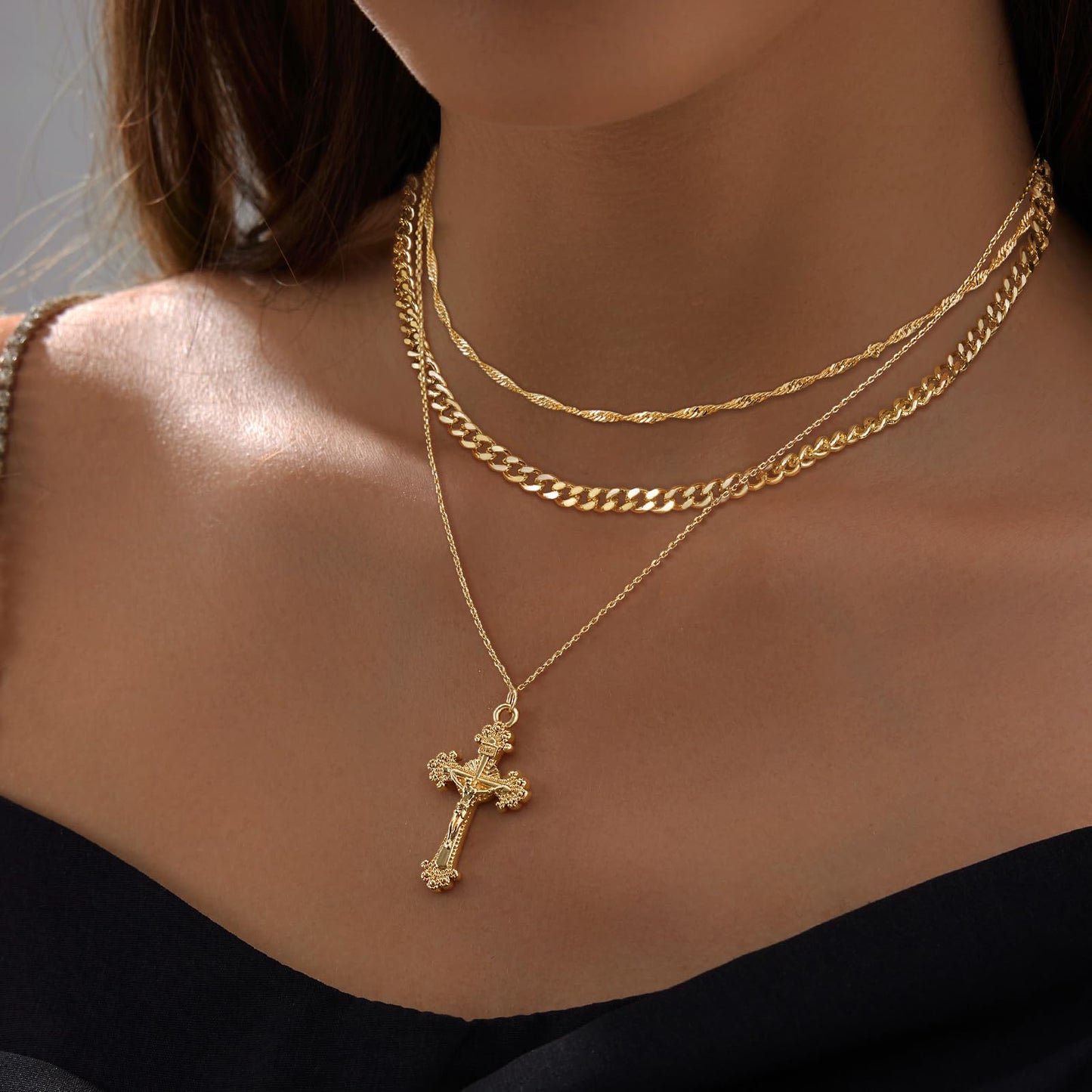 HAXIYA Gold Cross Necklace for Women 14K Gold Plated Choker Cross Pendant Necklaces Cuban Link Wave Link chain Layered Minimalist Simple Tiny God Lords Prayer Religious Jewelry