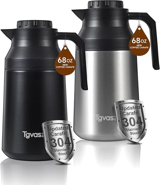2 PCS Thermal Coffee Carafe Insulated Stainless Steel Coffee Carafe for Hot Liquid Vacuum Thermal Pot Creamer Pitcher Dispenser with Brushes Keeping Hot Water Milk(Black/Silver 68 oz)