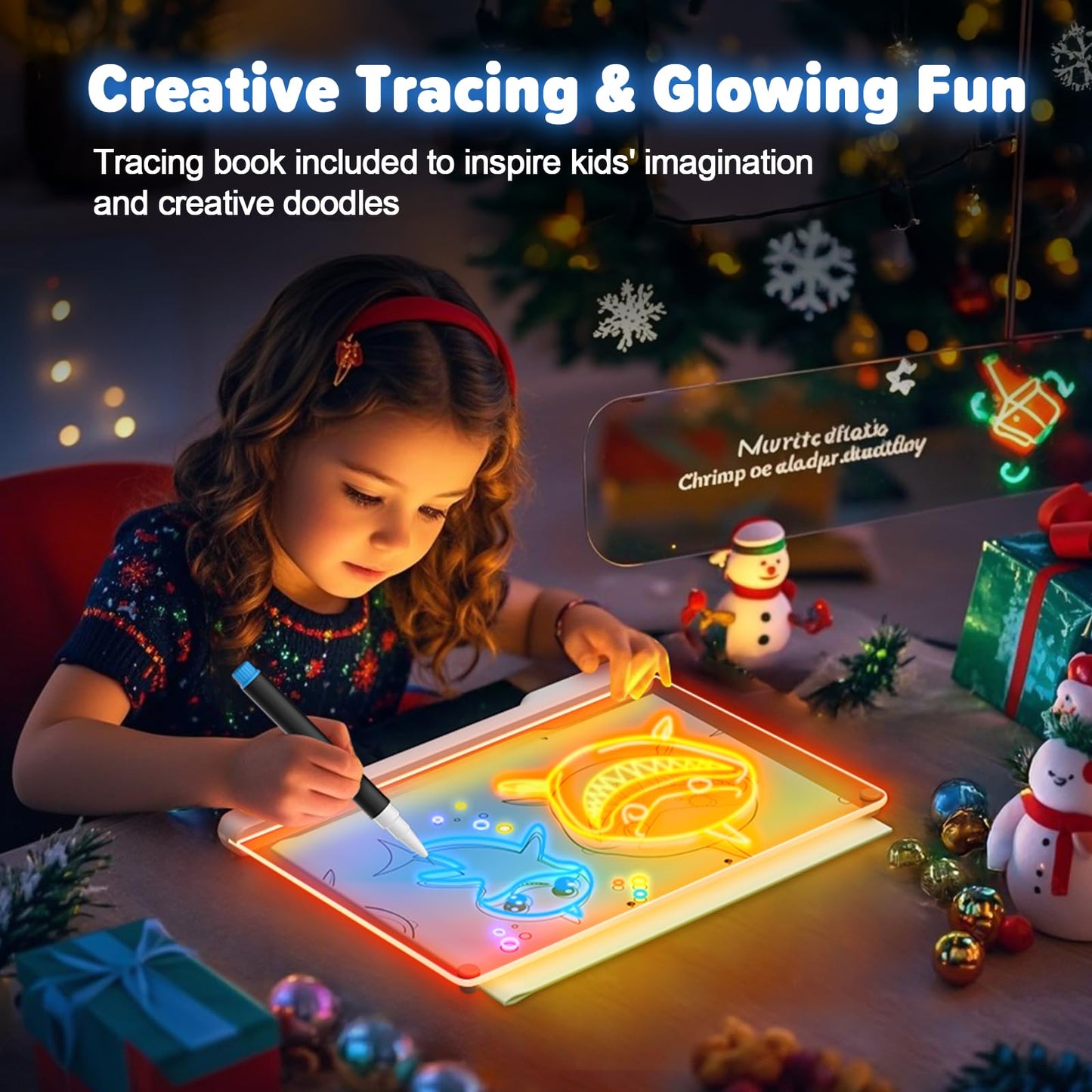 16-Inch Rechargeable LED Drawing Board, 9-Color Light Modes, Neon Art Dry Erase Light Up Doodle Glow Pad with Built-in Stand, Sketching Gift Toy for Kids/Girls/Teens, 7 Markers & Tracing Book
