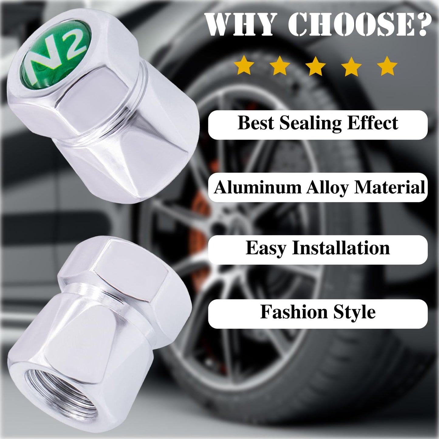 MEAJOO 4PCS N2 Car Tire Valve Caps, Dustproof Leak-Proof Tire Valve Stem Cap, Universal Aluminum Alloy Stem Covers for Cars, Trucks, Bikes, Motorcycles, Bicycles Tire Caps(Silver)