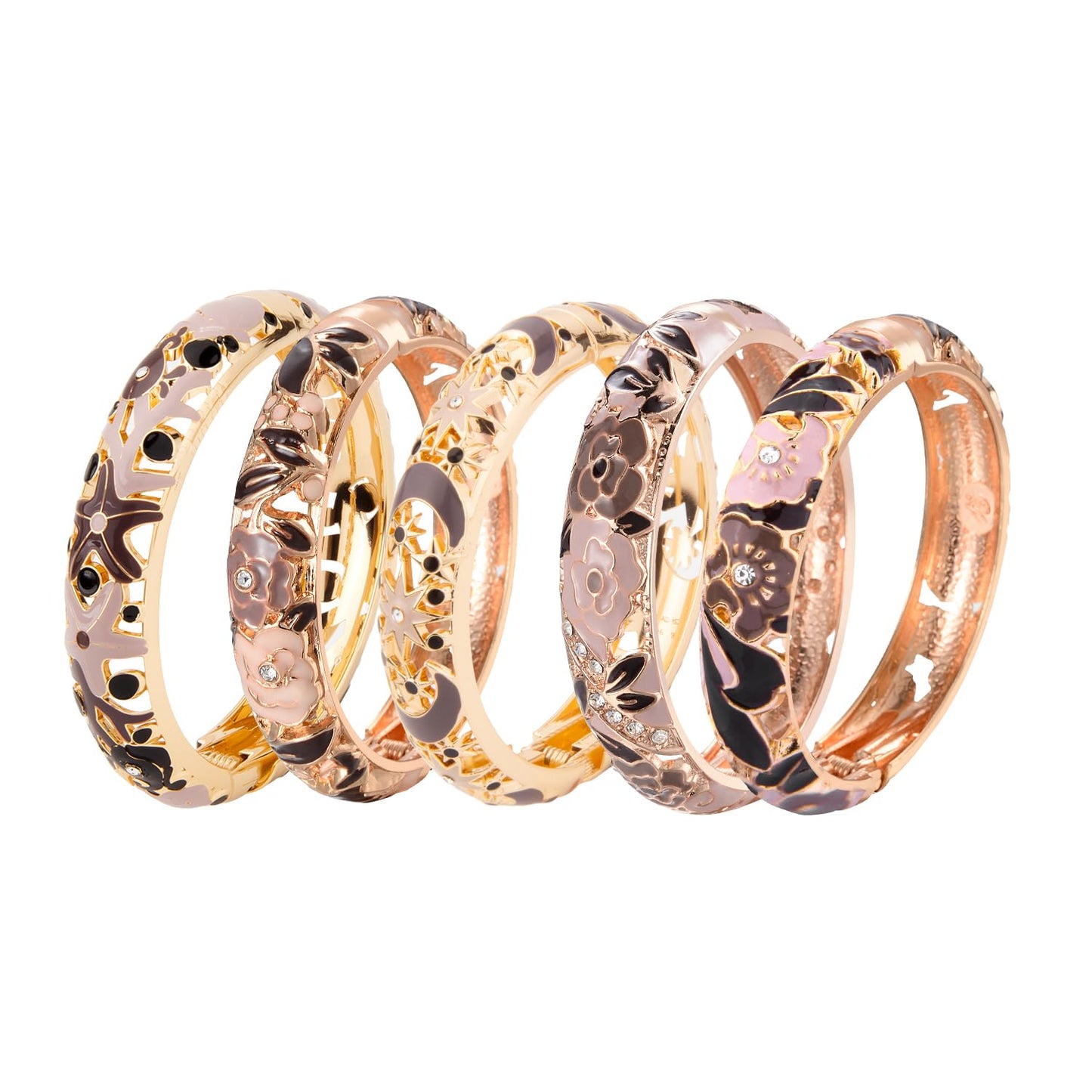 UJOY Enamel Bracelets Pack of 5 Colorful Cloisonne Rose Gold Flower Engraved Bangles for Women Jewelry Gift Pack in a Box 5PCS-88A Brown