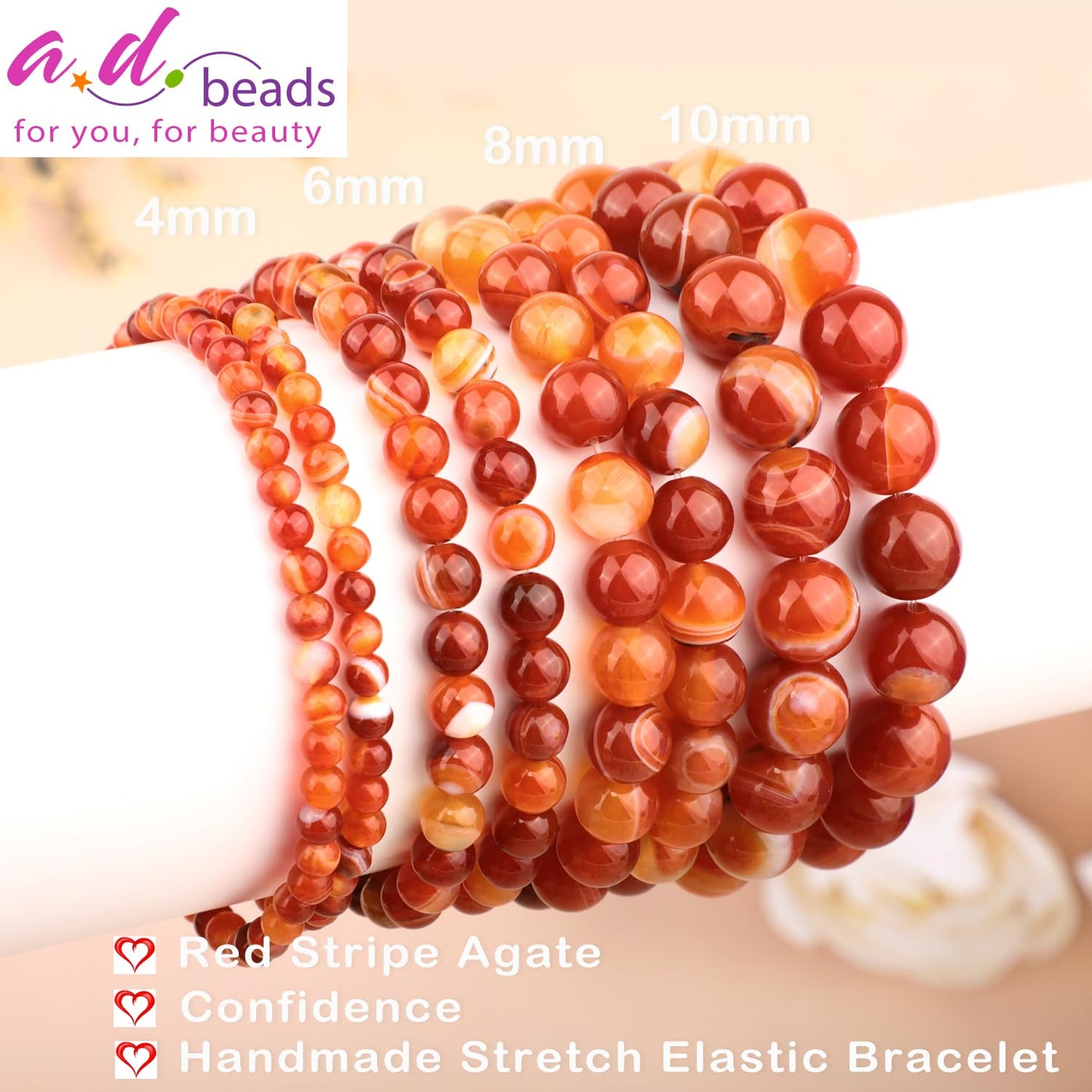 AD Beads 4mm Handmade Red Stripe Agate Elastic Bracelet – Natural Gemstone for Confidence – Meditation, Yoga, Healing and Energy Gift for Men Women