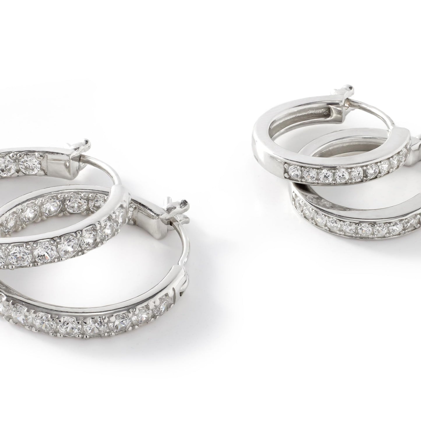JTV Sterling Silver or Brass Hoop Earrings Set for Women - Platinum- or Yellow Gold-Plated Cubic Zirconia Hoops - 2 Pairs of 12.7 mm Faux Diamond Earrings - Lightweight, Elegant Jewelry Gift for Summer (Platinum-Plated Brass)