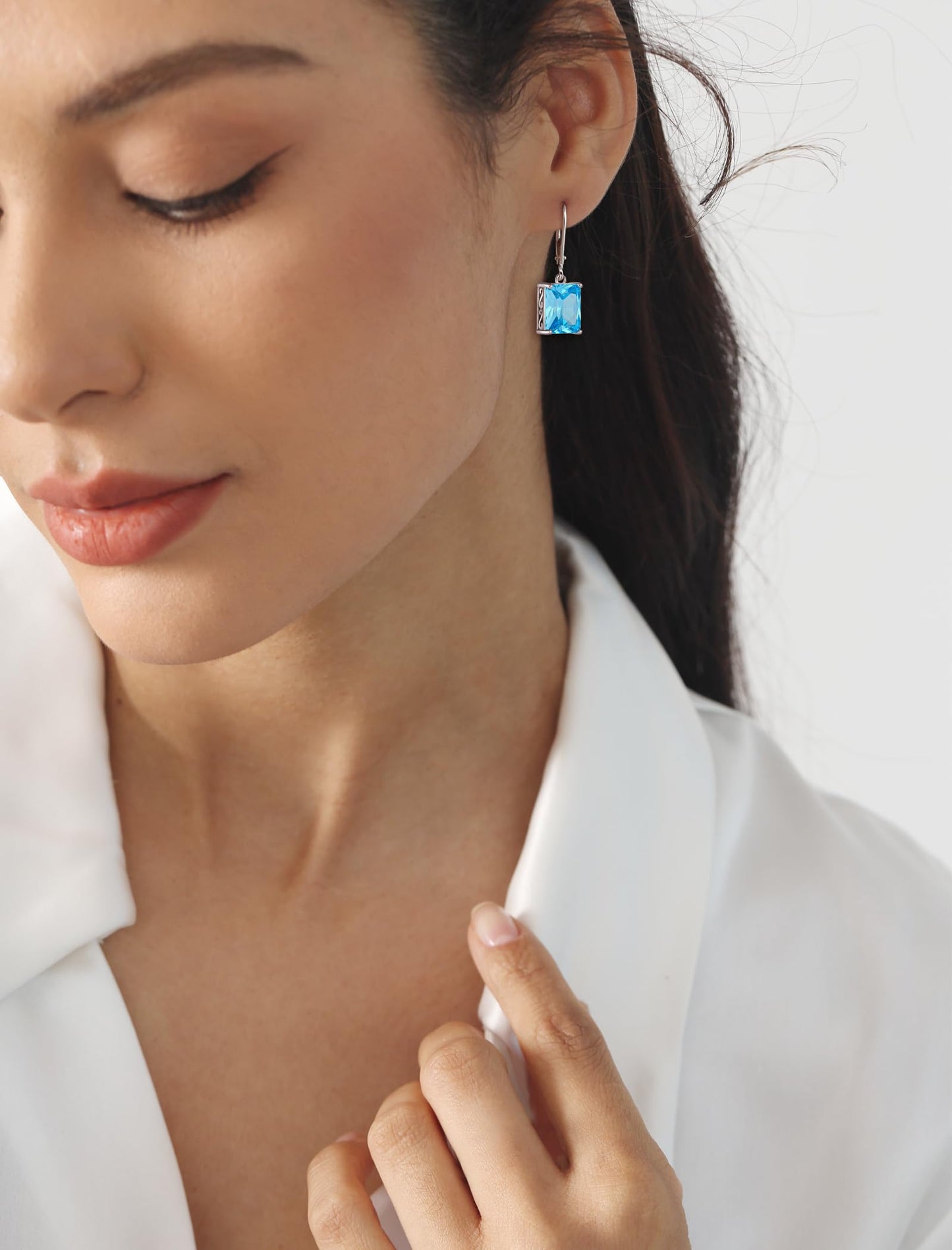 YL Solitaire Dangle Drop Earrings 925 Sterling Silver Leverback Earrings 8X10MM Square Created Aquamarine Jewelry