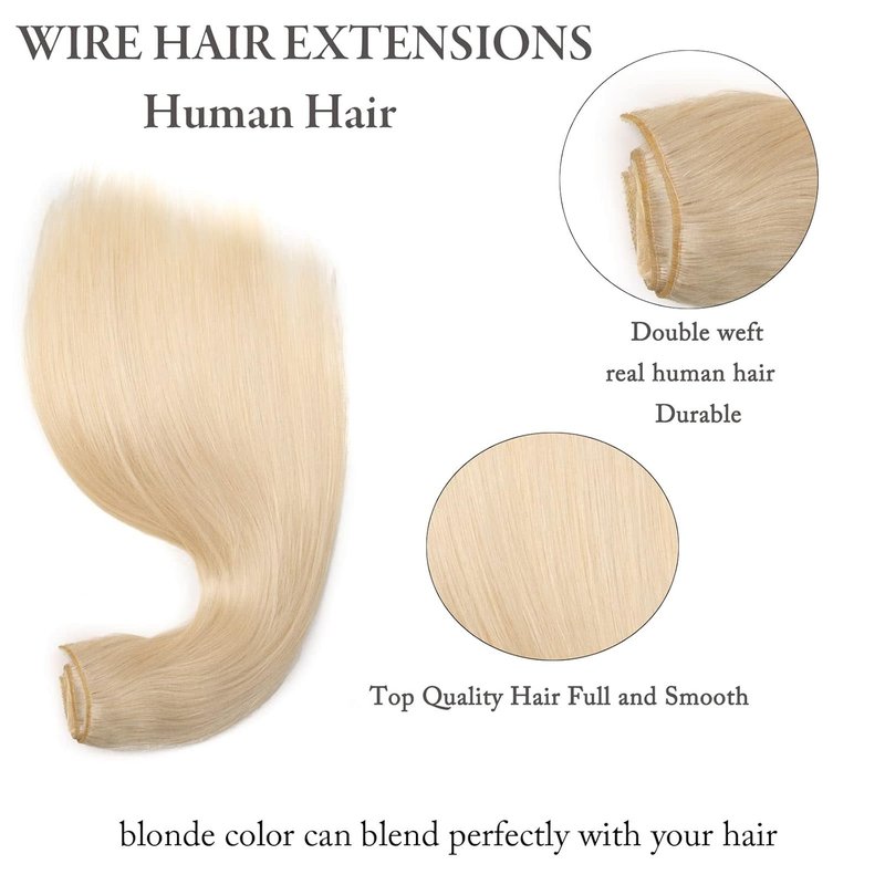 Real Human Hair Wire Extensions - 14 Inch Bleach Blonde Straight Hair | 80g Invisible Fish Line