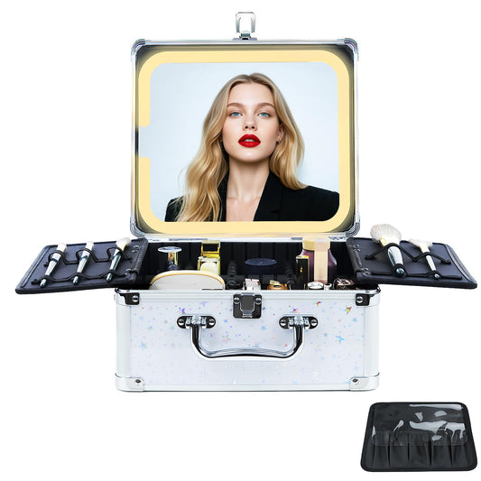 Unicorn Slumber Makeup Organizer Box with Detachable Lighted Mirror, Travel Train Cosmetic Case, Adjustable Divider Storage Bag, Portable Artist Storage Suitcase with Magnetic LED Mirror - Mint