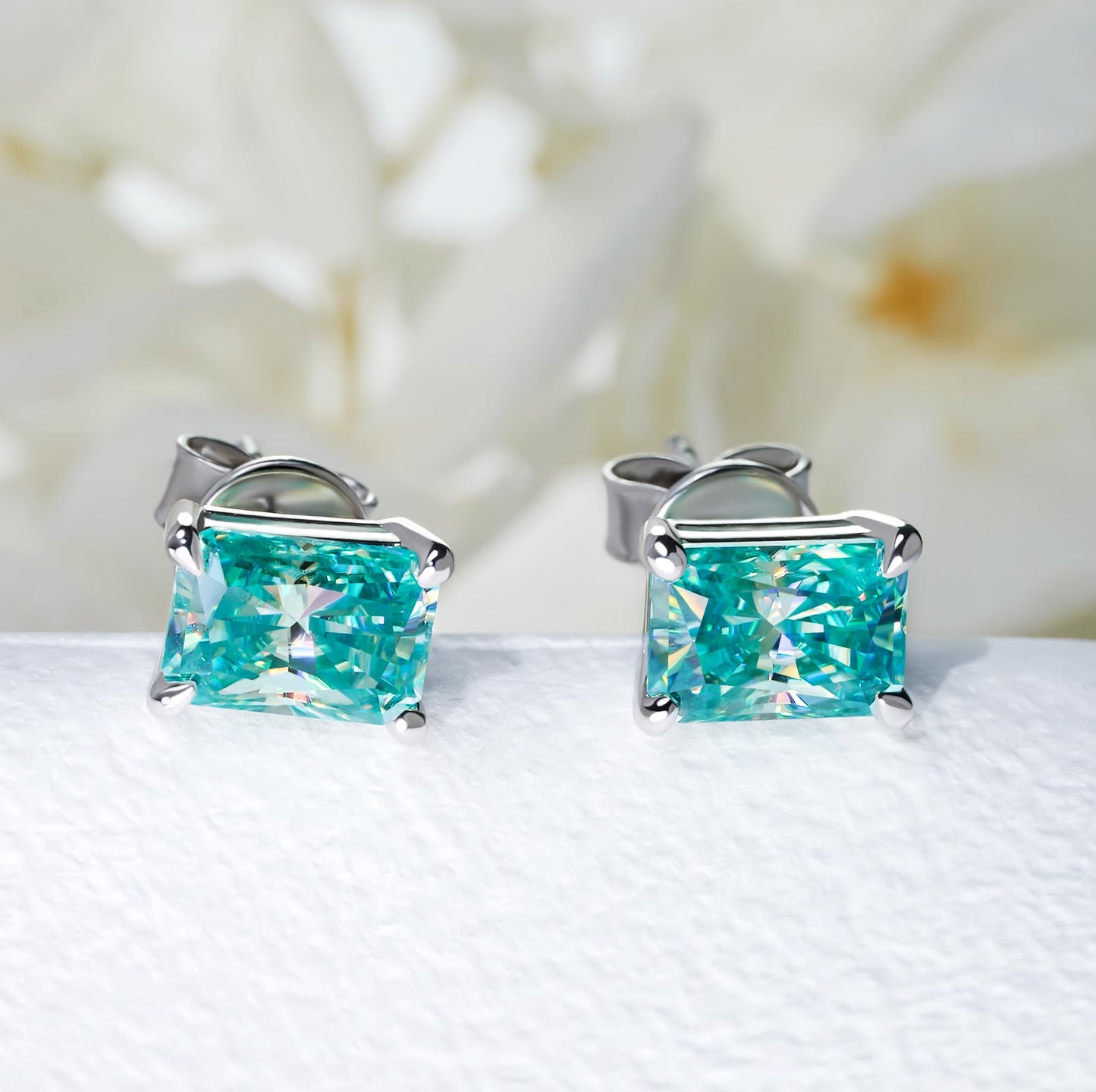 GIGAJEWE Blue Green Color Moissanite Stud Earrings Radiant Cut Moissanite Earrings 2.0ct/pair,18K Gold Plated 925 Steling Silver, Stud Earrings For Women (Cyan)
