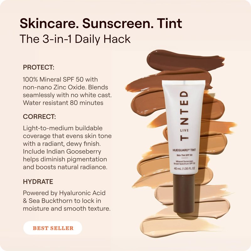 Live Tinted Hueguard Tinted Sunscreen SPF 50 - Mineral Sunscreen for Face, Skin Tint with Buildable Coverage, Dewy Glow Finish, Hydrating, Vegan, Fragrance-Free, Water & Sweat Resistant, Shade 09