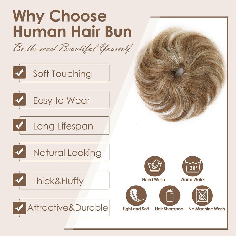 KISANOF Messy Bun Hair Piece Human Hair Honey Brown Highlighted Bleach Blonde UElegant Chignon with Elastic Rubber Band(2 Count #P6-613 Honey Brown Highlighted Bleach Blonde