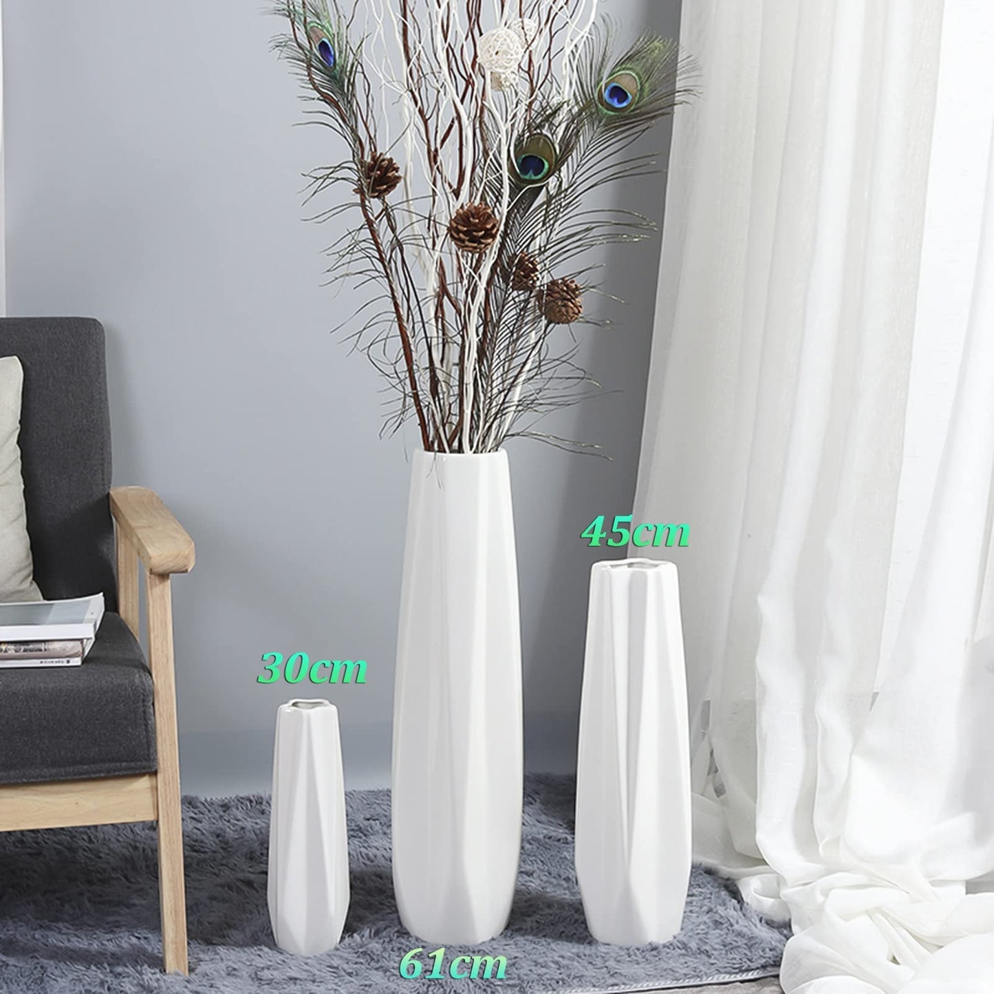 Floor vase Ceramic Vase，Decorative Large ，Floor, Large Floor Vase,White Ceramic Vase,Handcrafted,Sophisticated Vessel for Decorative Branches and Dried Flowers(61cm)