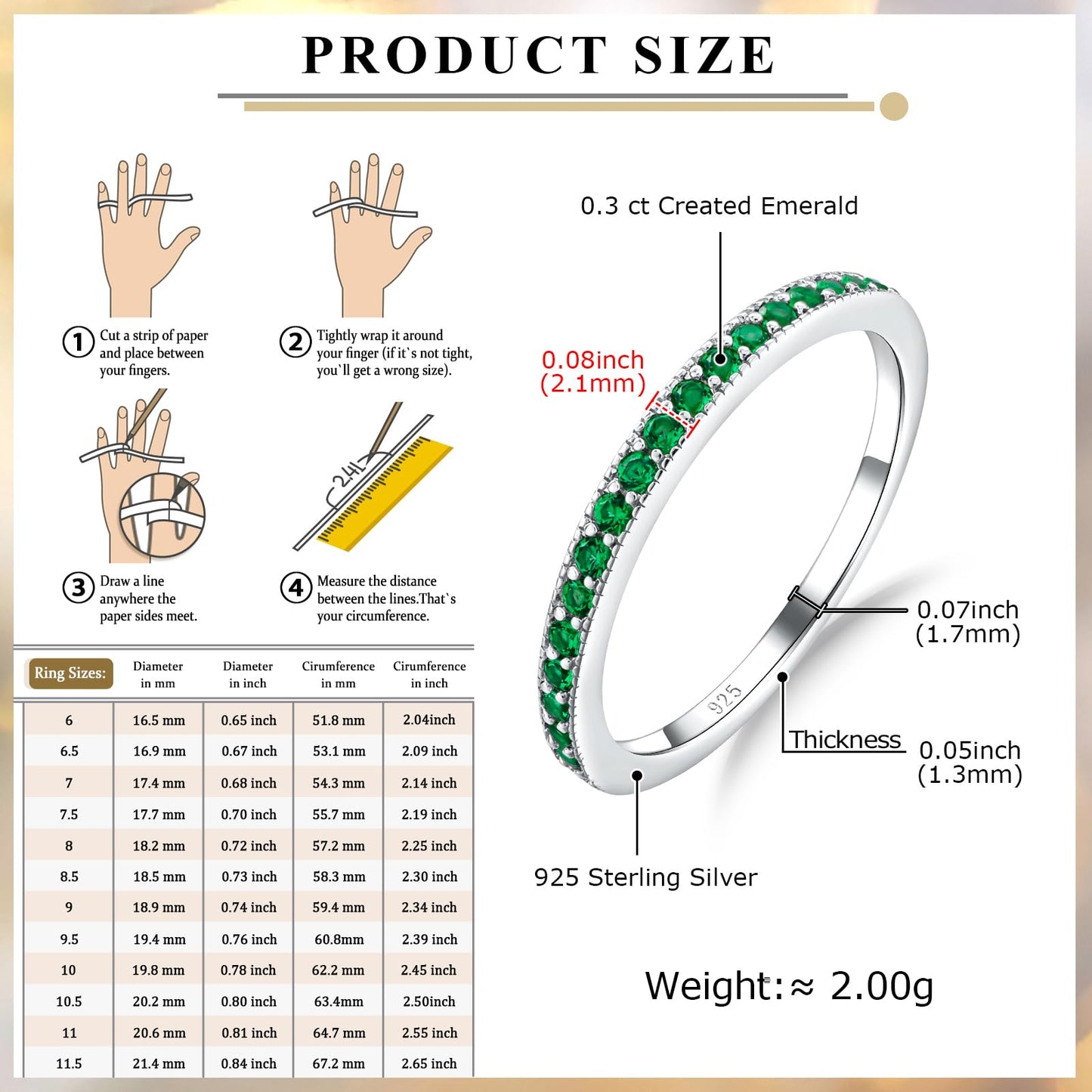 AGRULE Emerald Wedding Band Ring for Women May Birthstone Ring Sterling Silver Half Eternity Band Rings Green Anniversary Ring, Size 8
