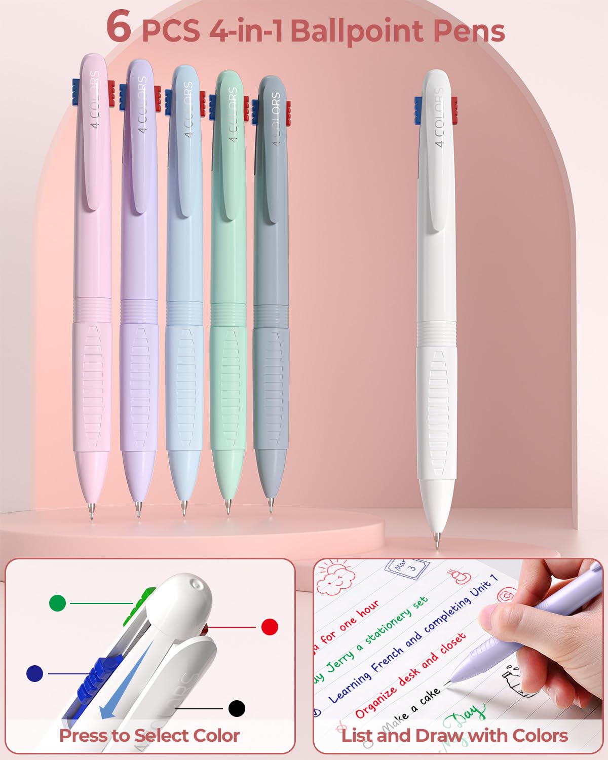 Four Candies 56 PCS Aesthetic School Supplies with Cute Pencil Case, 6 Multicolor Pen, 12 Pastel Highlighters, 5 Gel Pens Black Ink, 9 Mechanical Pencils for Student Stationary Set Preppy Stuff (Pink)