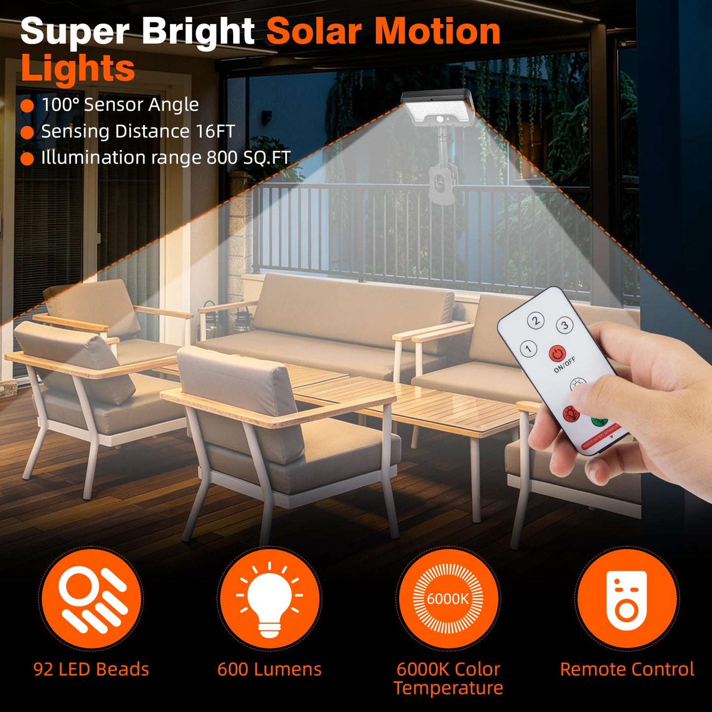 Clip On Solar Lights Outdoor with Motion Sensor, 4-Color 3 Modes Lighting (92 LEDs, 600 LM, 6000 K) IP65 Waterproof, 360° Adjustable Flexible Clamp for Fences Gardens Decks Camping Gutter (2)