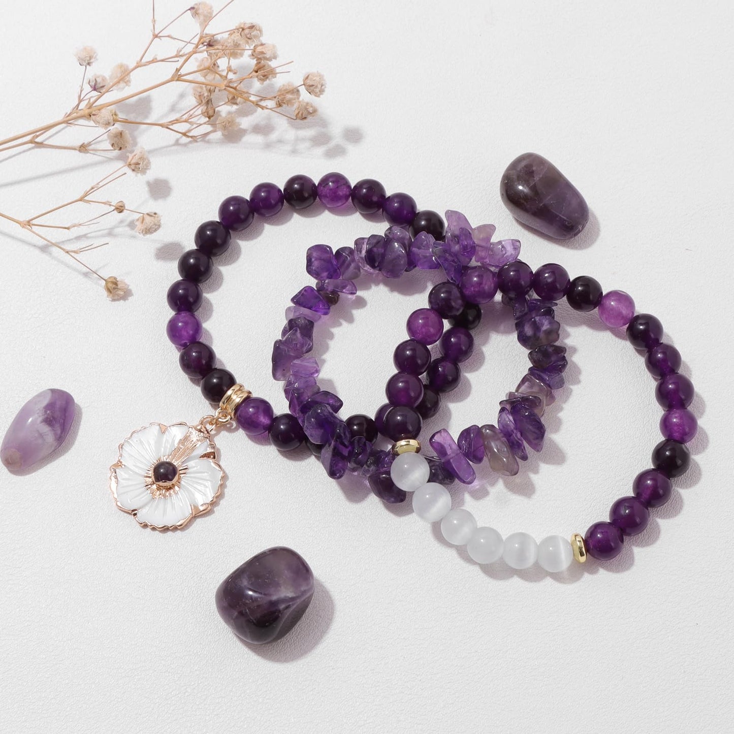 Vinswet Healing Crystal Beaded Bracelets for Women,Natural Amethyst Gemstones Bracelet,Anxiety Stress Relief Heart Charm Bracelet Handmade purple Jewelry Gifts for Women (Amethyst&Flower)