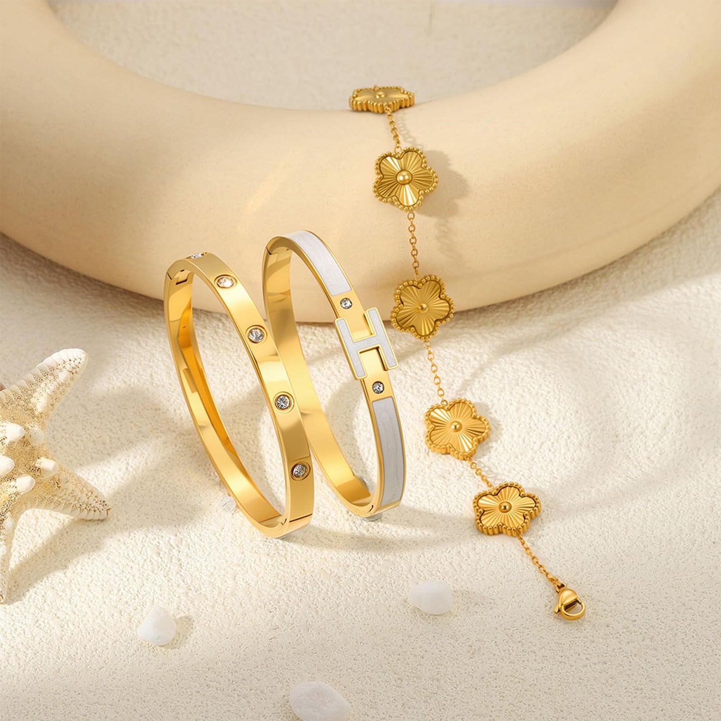 Camhanno Gold Clover Bracelets for Women - 18K Gold Plated Stainless Steel Dainty H Bangle Bracelets| Daily & Party Wear Jewelry, Easter Christmas Mothers Day Gifts