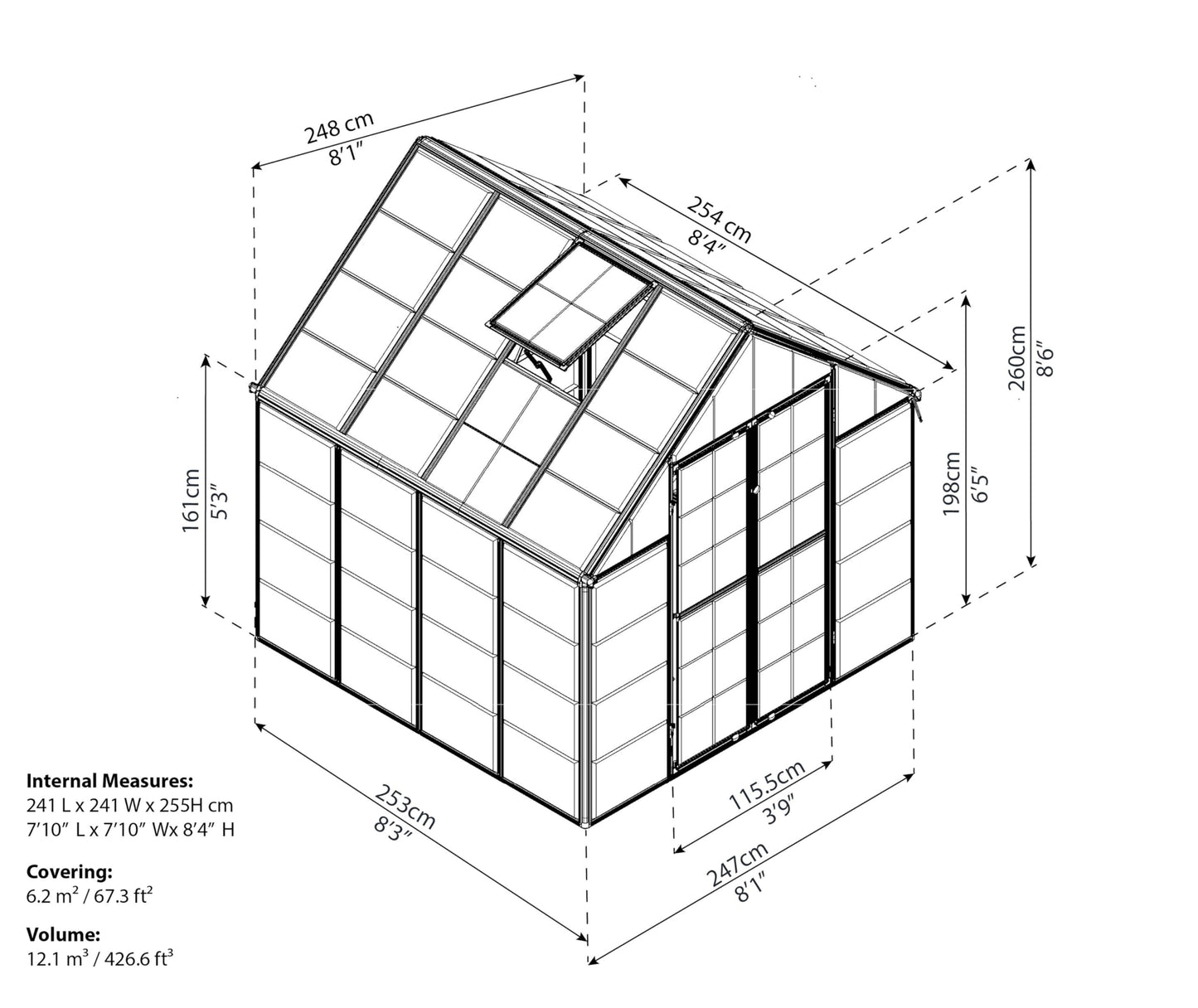 Palram - Canopia Snap & Grow 8 Ft. x 8 Ft. Greenhouse Kit Hobby DIY Walk in Green House Heavy Duty Polycarbonate, Aluminium Frame, with Lockable Door and Vent for Outdoors, Garden, Backyard in Silver