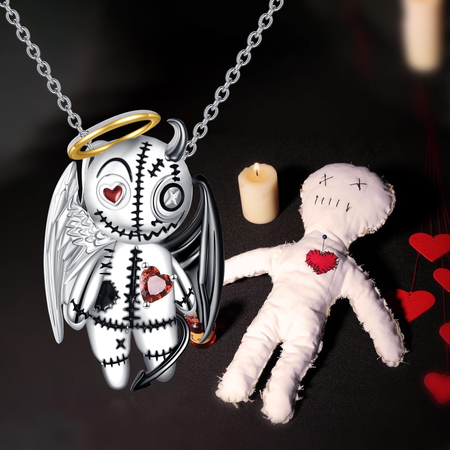 Grmdit Voodoo Doll Necklace 925 Sterling Silver Angels and Demons Voodoo Pendant Necklace Goth Dolls Jewelry Gifts for Women