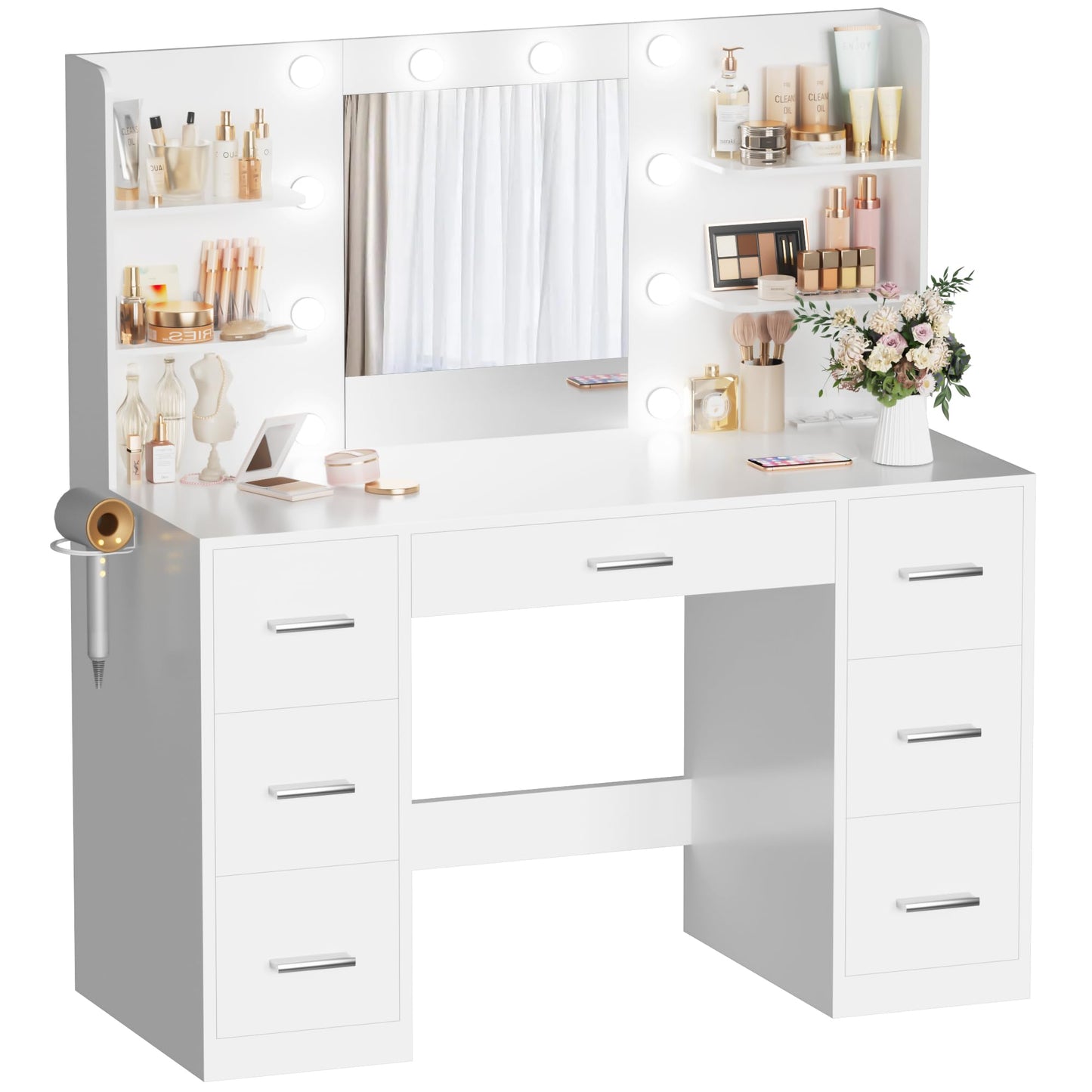 Acurax Makeup Vanity Desk with Mirror and 10 Lights, Table with 7 Drawers and 4 Open Shelves, 3 Color Modes and Adjustable Brightness, Charging Station for Bedroom, Bright White