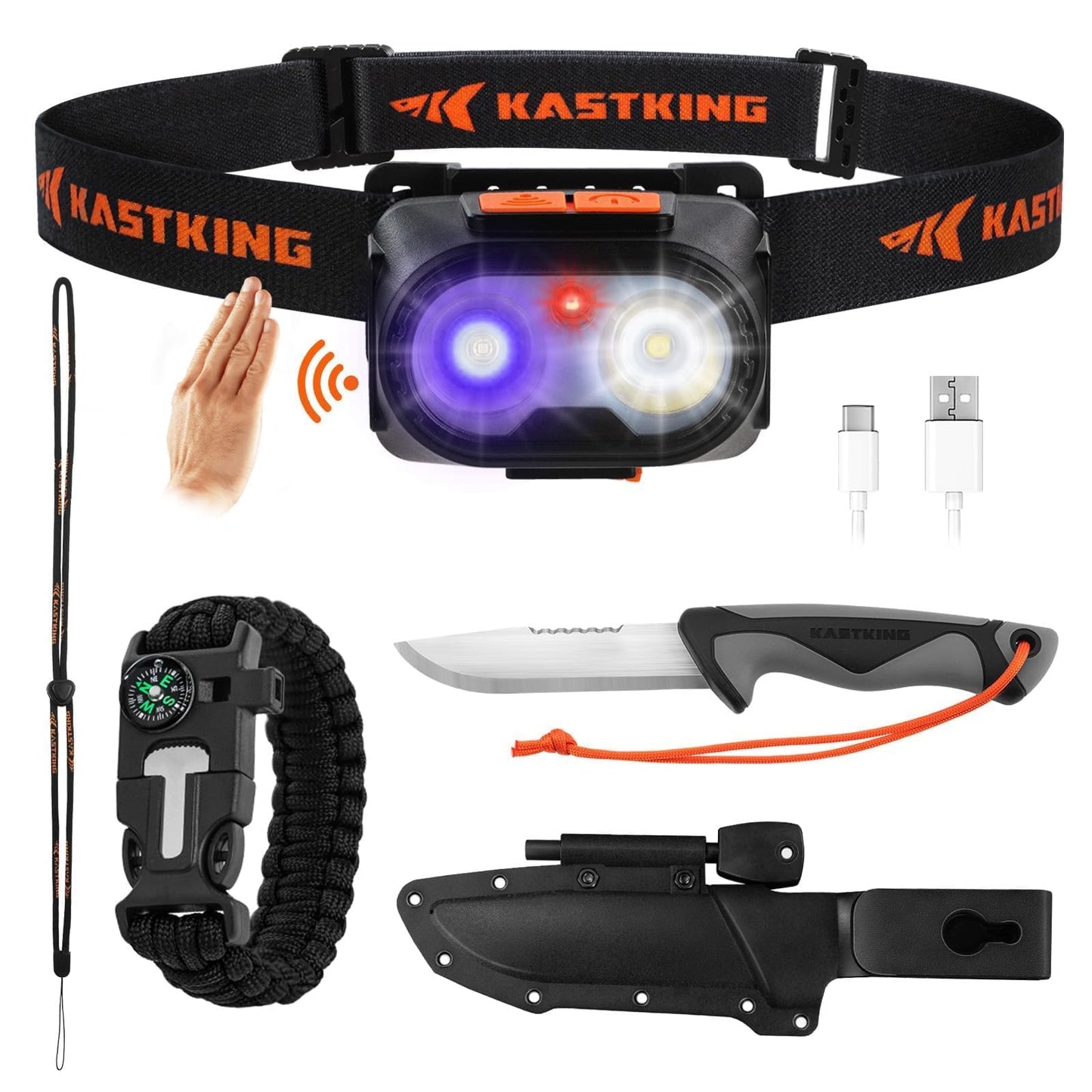 KastKing FieldLite Camping Gear Set, 5-Mode LED Headlamp, 7" Razor-Sharp Knife with Sheath & Fire Starter, 5-in-1 Tactical Bracelet, Multi-Function Outdoor Kit