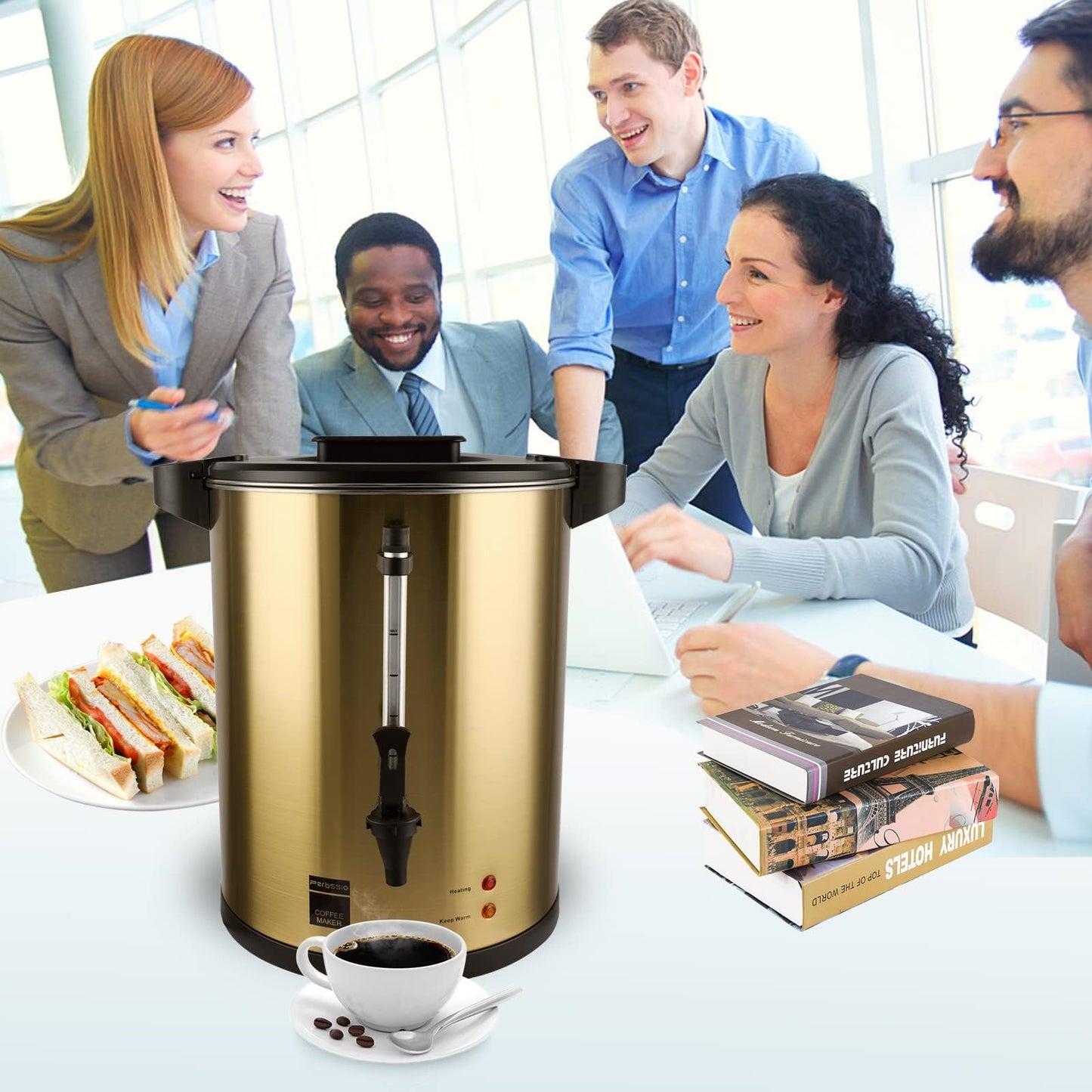 Perossia 6L Coffee Urn, Hot Beverage Dispenser, Hot Water Urn, Commercial Grade Double Wall Stainless Steel, Electric Coffee Percolator, Large Coffee Maker for Party, Home, Catering, 38-Cup,Gold Color