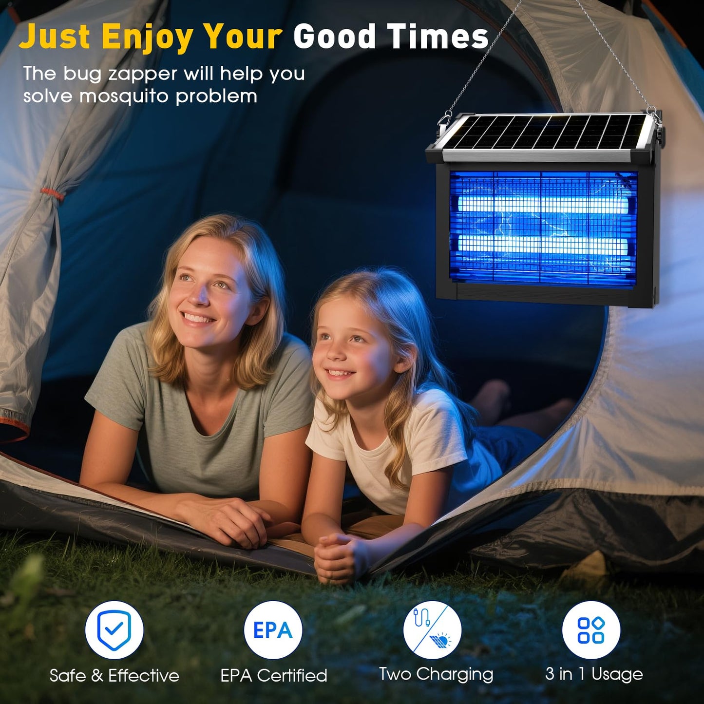 Solar Bug Zapper Outdoor, 4500V Solar Mosquito Zapper Outdoor Waterproof, 1/2 Acre Coverage Rechargeable Electric Fly Zapper, Cordless Portable Mosquito Traps for Backyard, Patio, Camping, Indoor