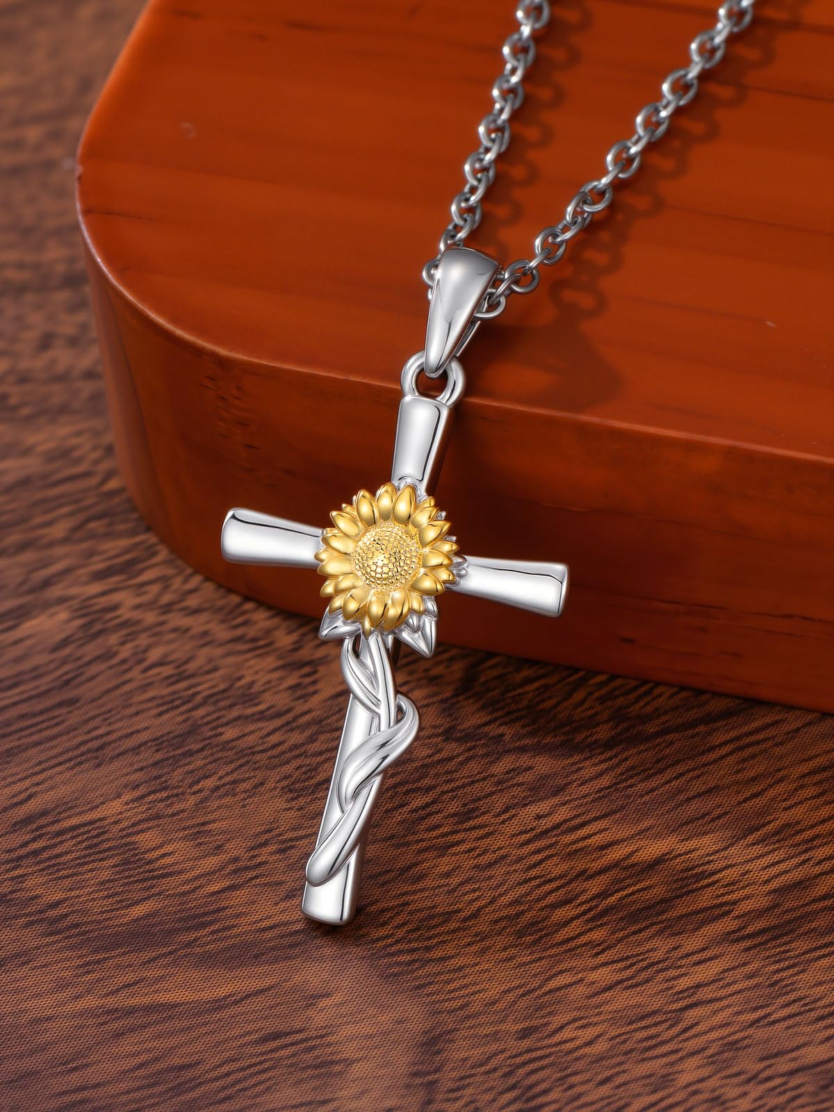 Cargari Sunflower Necklace for Women Sterling Silver Sunflower Cross Pendant Jewelry Flower Cross Necklace Gifts