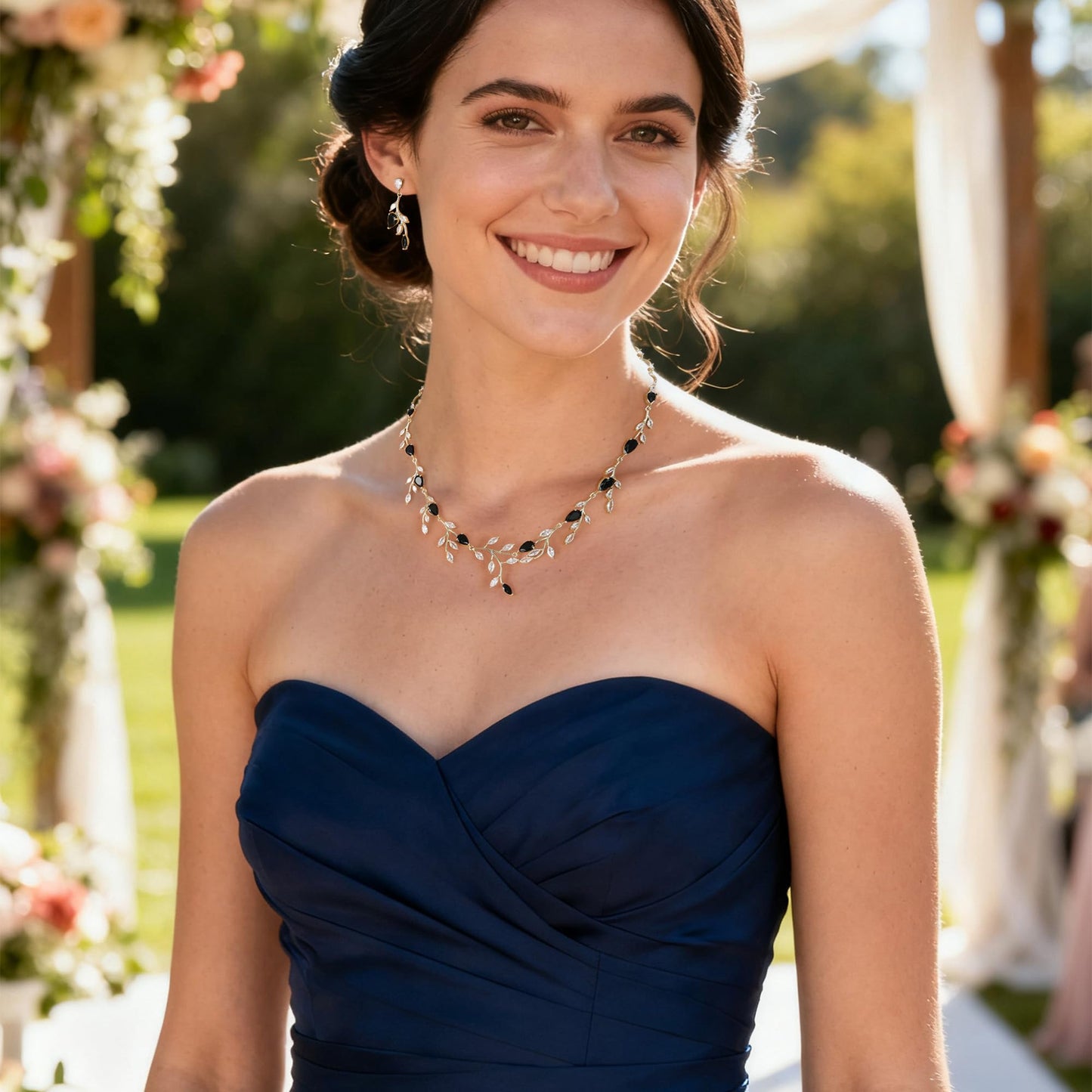 EVER FAITH Wedding Jewelry for Bride Women Bridesmaid, Sparkly Black Cubic Zirconia Pear-Shaped Birthstone Leaf Necklace Earrings Set for Prom Gold-Plated-Brass