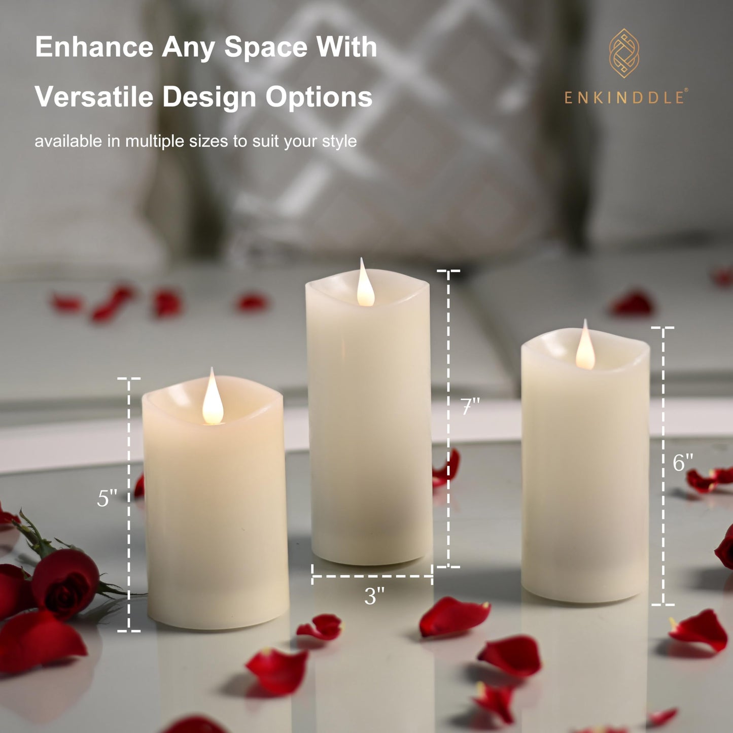 ENKINDDLE Flameless Candles with Timer, 3D Moving Flame LED Pillar Candle, Real Wax Flickering Candle, Battery Operated, Ivory 3"x5"" for Table Centerpiece & Home Décor"