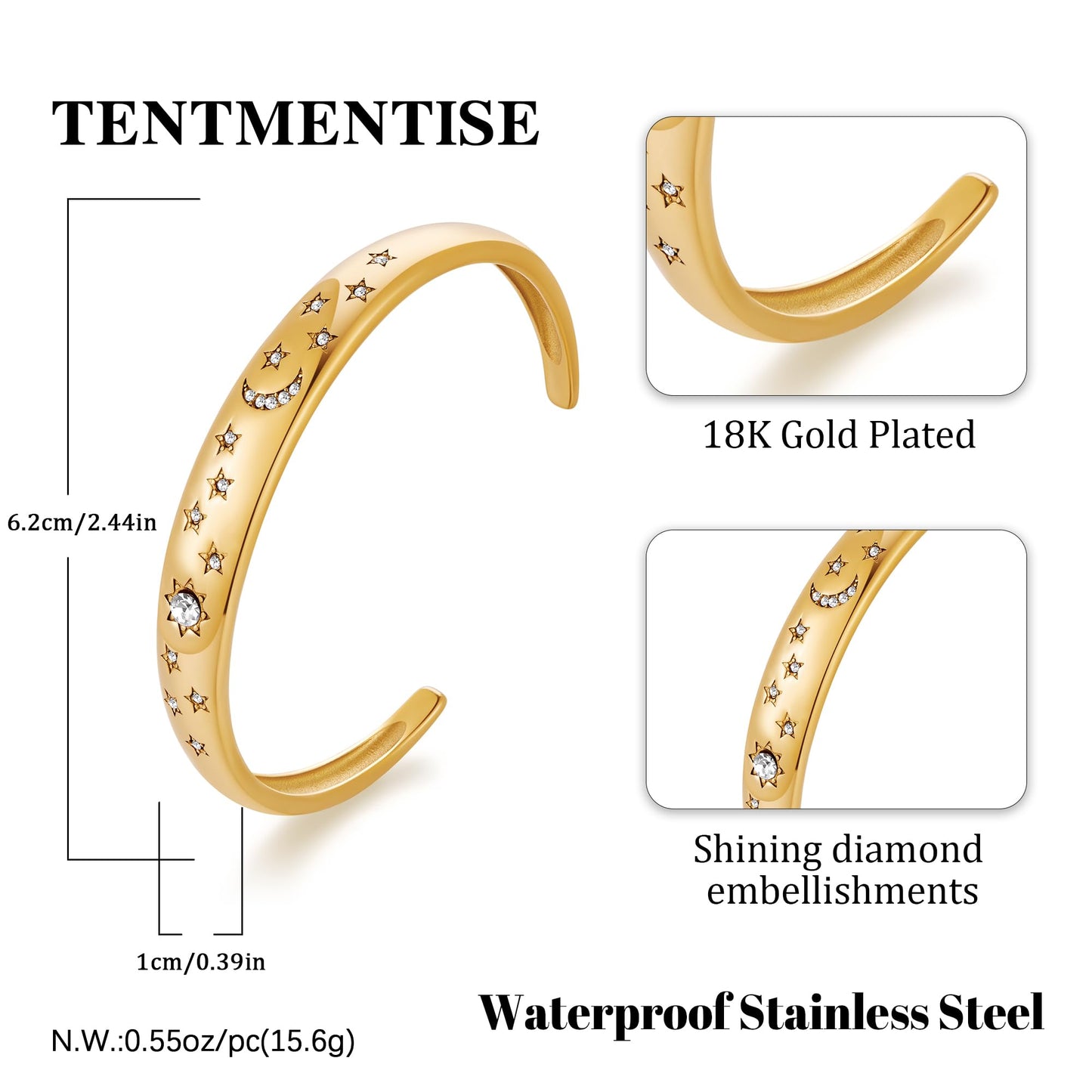 TENTMENTISE Bracelet for Women Diamond-Cut Star and Moon Bangle 18K Gold Plated Stainless Steel Bracelet Cubic Zirconia Accents Statement Jewelry Non-Tarnish Bracelet Birthday Gift for Her