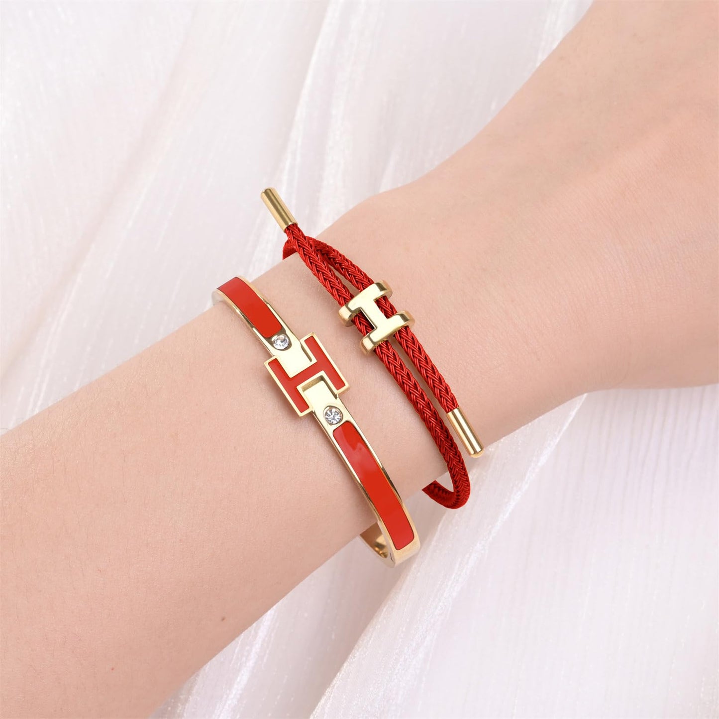 Hothink H Bracelets for Women,H Bangle and H Wire Rope Bracelet Set,Dainty 18K Gold Plated Bracelets Set for Christmas Mothers Day Gifts for Women (Gold-Red)
