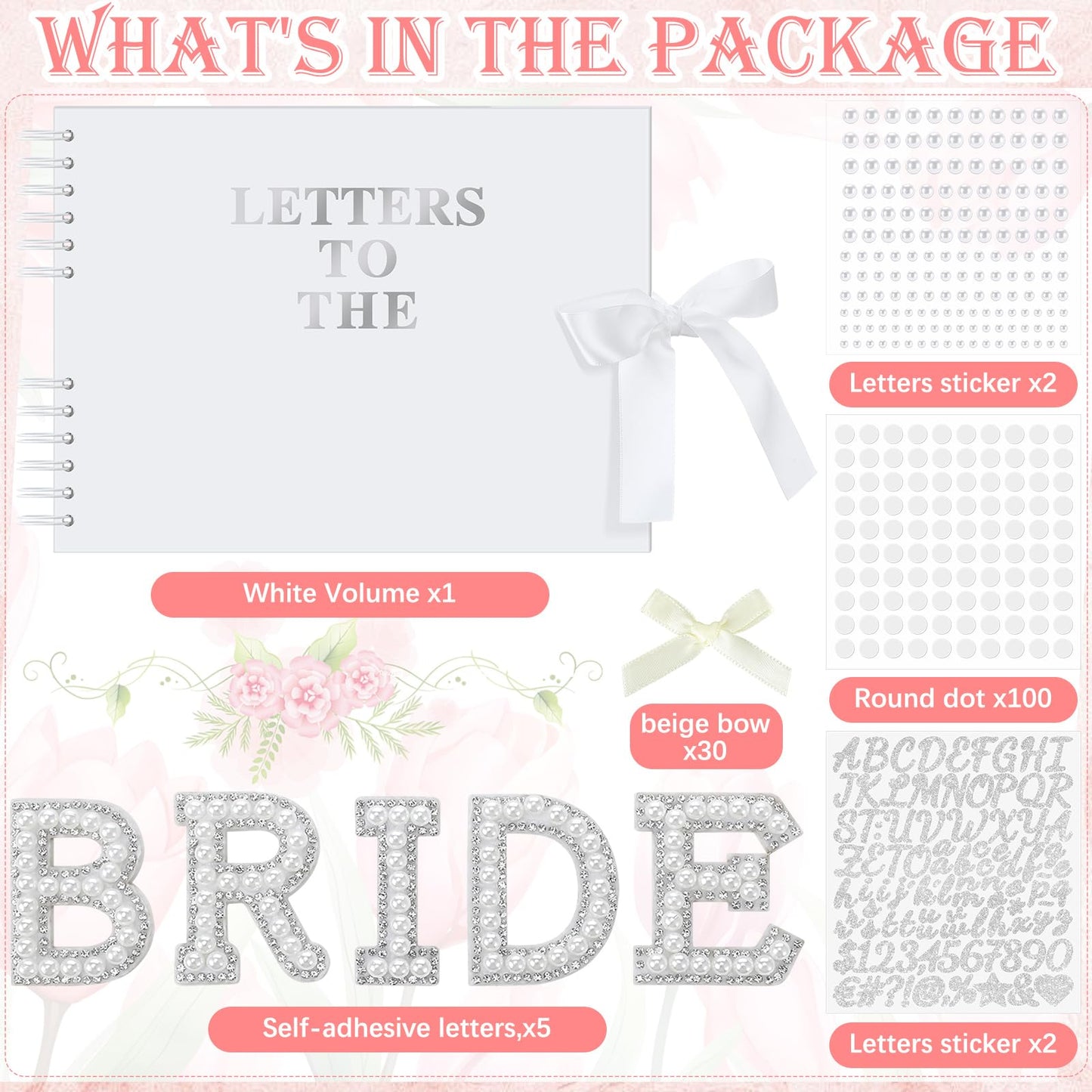 Fuyoooo 11.5 x 8.5 Inch Letters to the Bride Scrapbook Wedding Memory Book Bridal DIY Blank Paper Scrapbook Photo Album Guest Book Sign with Pearl Stickers, Metallic Letters, Bows (White)