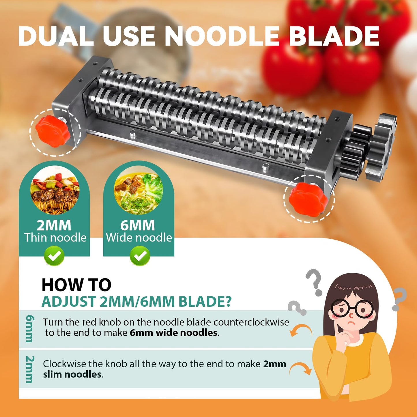 Newhai Commercial Electric Pasta Maker, Automatic Noodle Machine, 2-in-1 Heavy Duty Dough Roller Pressing Machine, with 2mm/6mm Blade, 550W Stainless Steel (with a 2mm/6mm dual use blade)