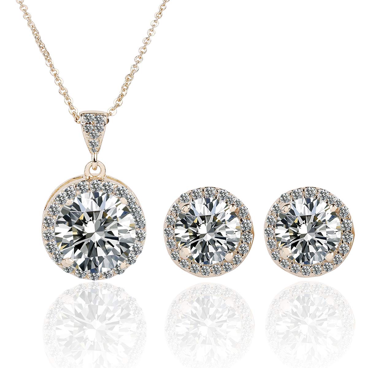 AMYJANE Crystal Jewelry Set Bride Bridesmaids - 14k Gold Plated Sterling Silver Round Cubic Zirconia Crystal cz Bridal Pendant Necklace Earrings Set for Women Party Prom