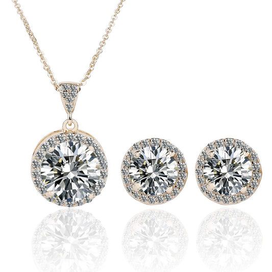 AMYJANE Crystal Jewelry Set Bride Bridesmaids - 14k Gold Plated Sterling Silver Round Cubic Zirconia Crystal cz Bridal Pendant Necklace Earrings Set for Women Party Prom