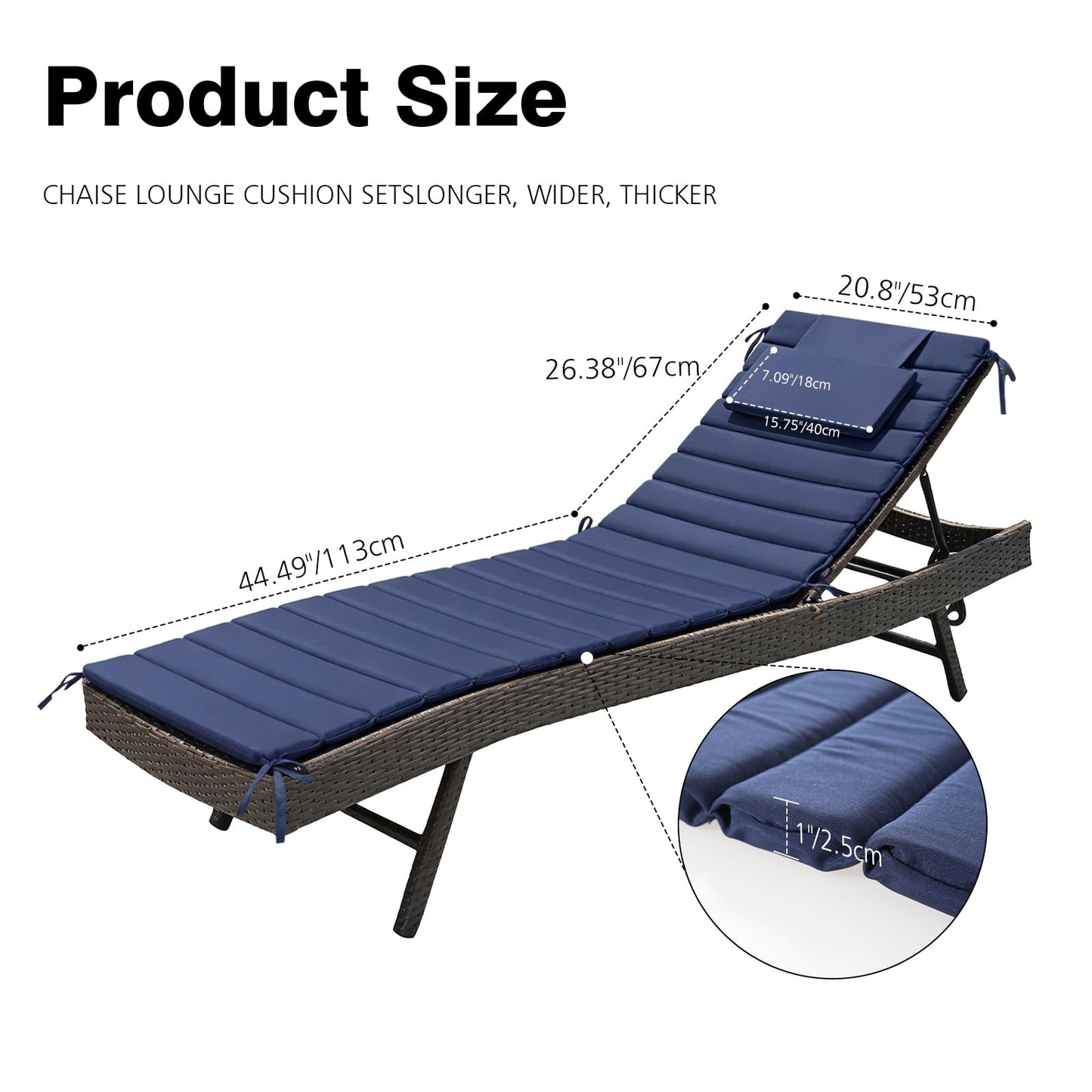Minventiss Chaise Lounge Cushion Outdoor Set of 2，Patio Foldable Chaise Lounger Cushion，Foldable Waterproof Pool Lounge Chair Cushions with Straps, Lounger Cushions for Outdoor Furniture，71''Lx21''W