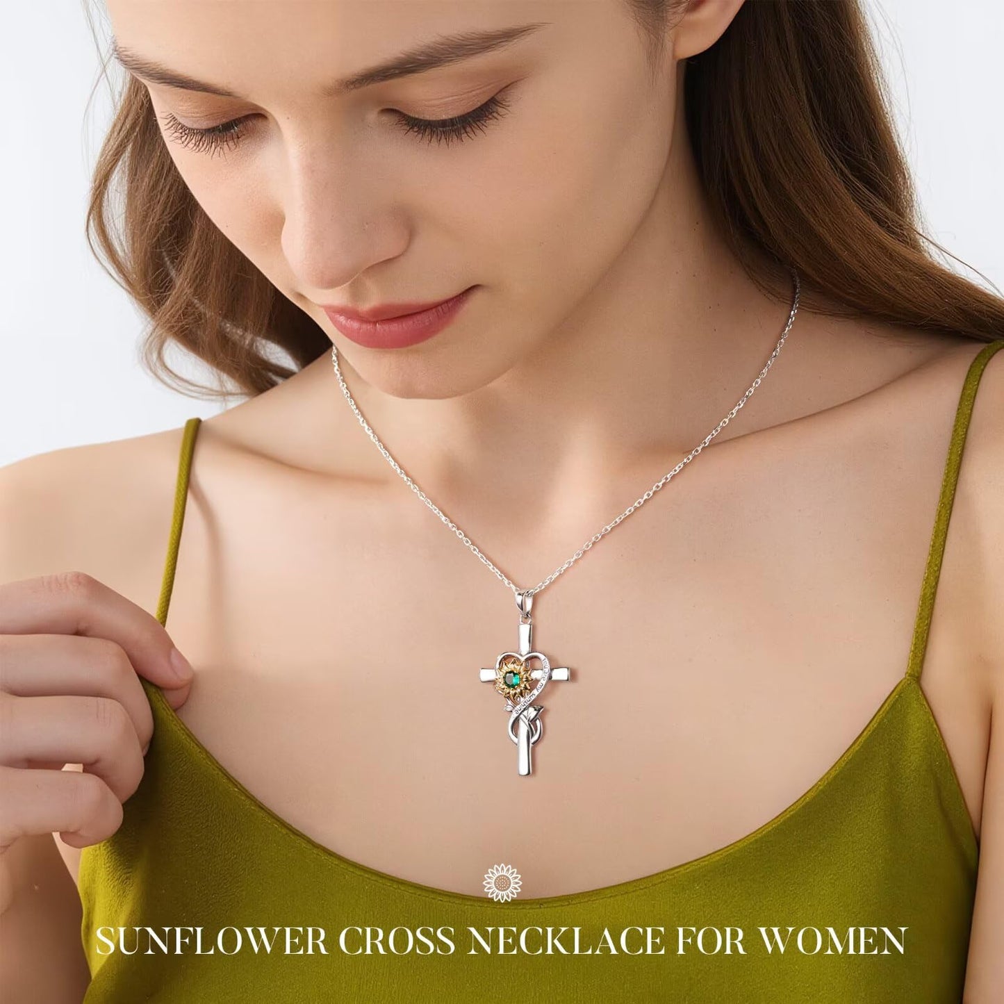 Iefil Lab-Created Alexandrite Necklace - Sunflower Cross Necklace for Women | Anniversary Birthday Gifts, Sunflower Gifts
