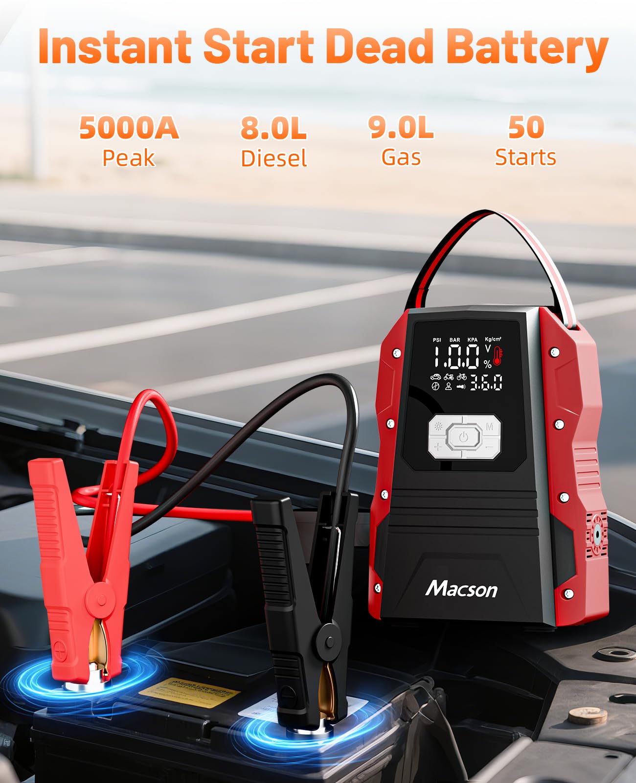 5000A Jump Starter with Air Compressor - Portable 12V Jump Box Battery Pack for 9.0L Gas/8.0L Diesel Engines, Car Jumper Starter Portable with 150PSI Tire Inflator, LED Screen, Fold-Up LED Flashlight