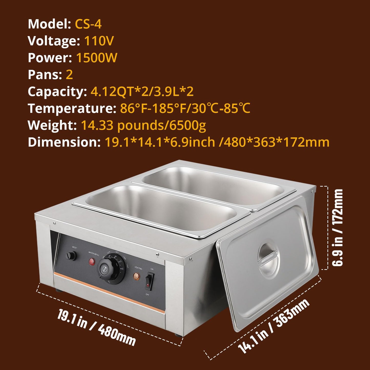 Chocolate Tempering Machine,4.12 QT*2 Stainless Steel Double Boiler Melter with Adjustable Knob (32-176°F), 800W Commercial Chocolate Warmer for Melting Candy, Cheese, Fondue, Home Bakery，