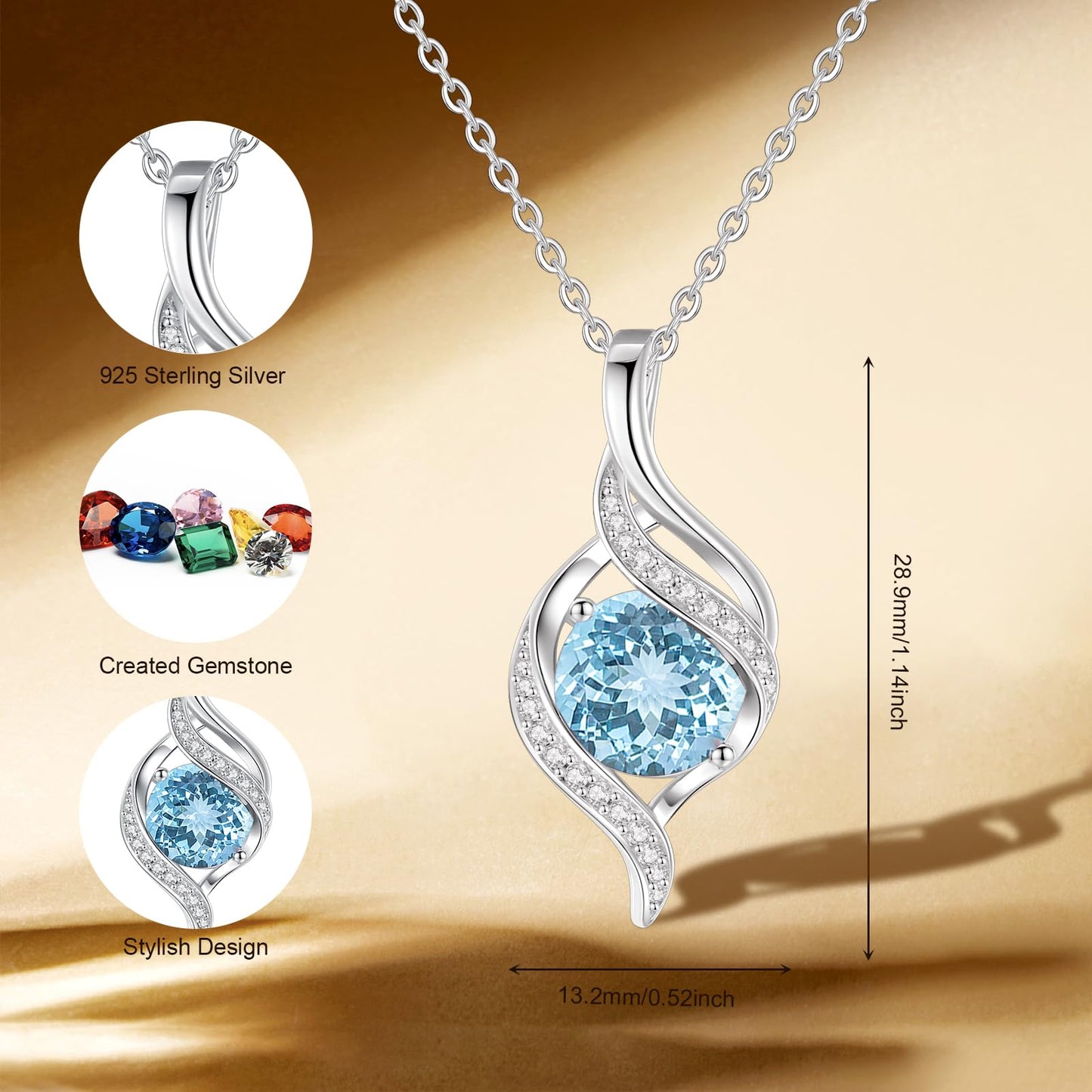 FANCIME March Birthstone Necklace for Women Round Aquamarine Necklace S925 Sterling Silver full Love Birthday Gifts for Mom Women, 16"+2" Inches