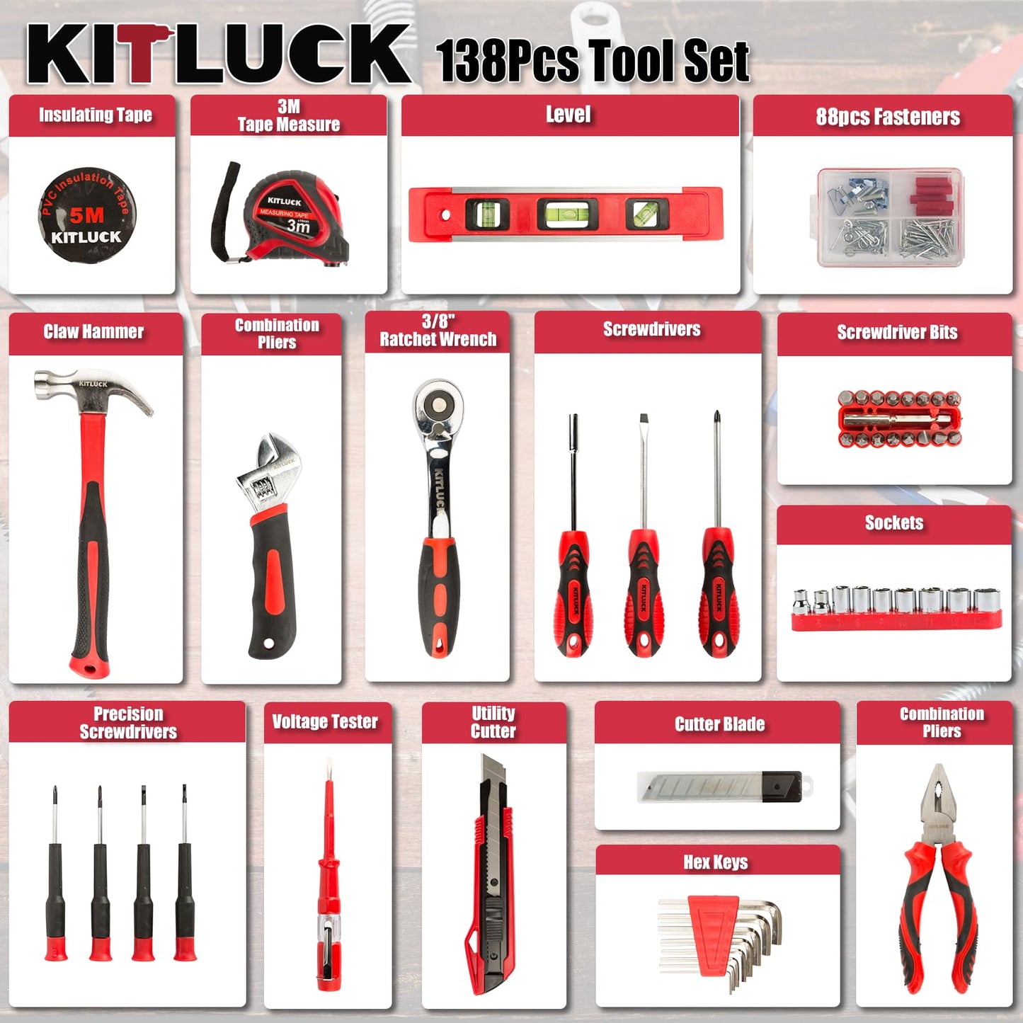 KITLUCK 138-piece Home Tool Kit, Household Hand Repair Tool Set for men, Portable Basic Tool box Set with Tools (Screwdriver, Plier, Wrench, Socket, Harmer, Rule, etc.) for Home and Car