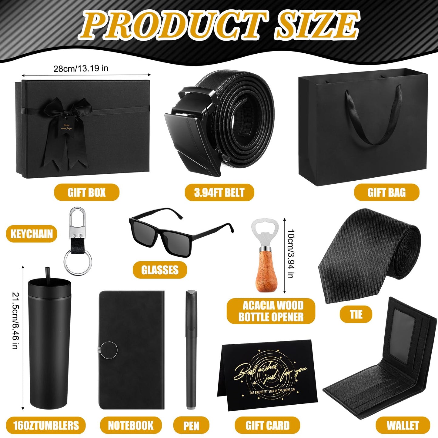Tioncy 12 Pcs Birthday Gifts Set for Men Gift Box Baskets 16 oz Tumbler Wood Bottle Opener PU Leather Wallet Tie Belt Keychain Sunglasses Pen Journal for Dad Boyfriend Husband Brother