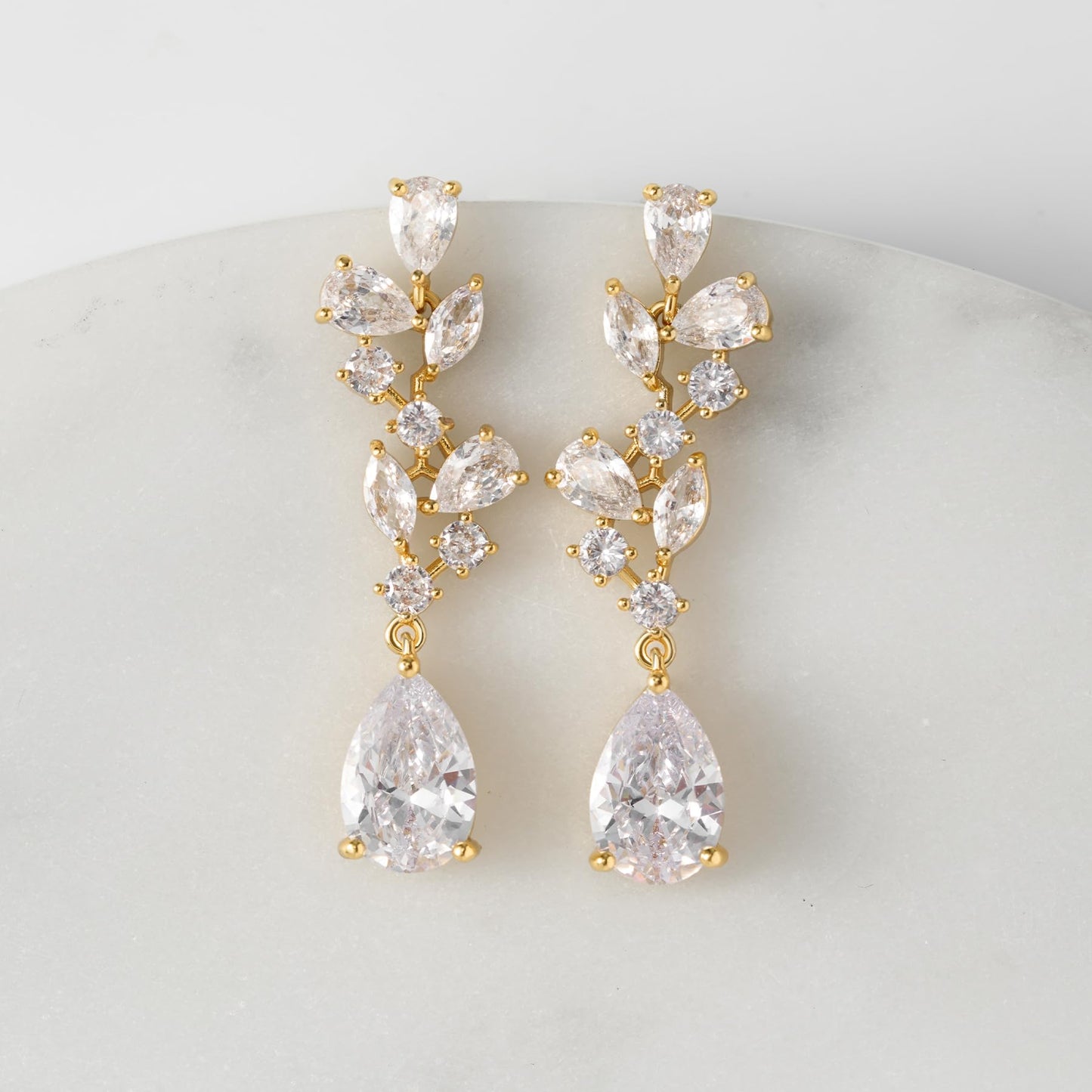 SWEEETV Bridal Wedding Earrings for Brides Bridesmaides-Marquise Teardrop Earrings for Women, Cubic Zirconia Drop and Dangle Earrings for Prom or Pageant,Jewelry (Gold)
