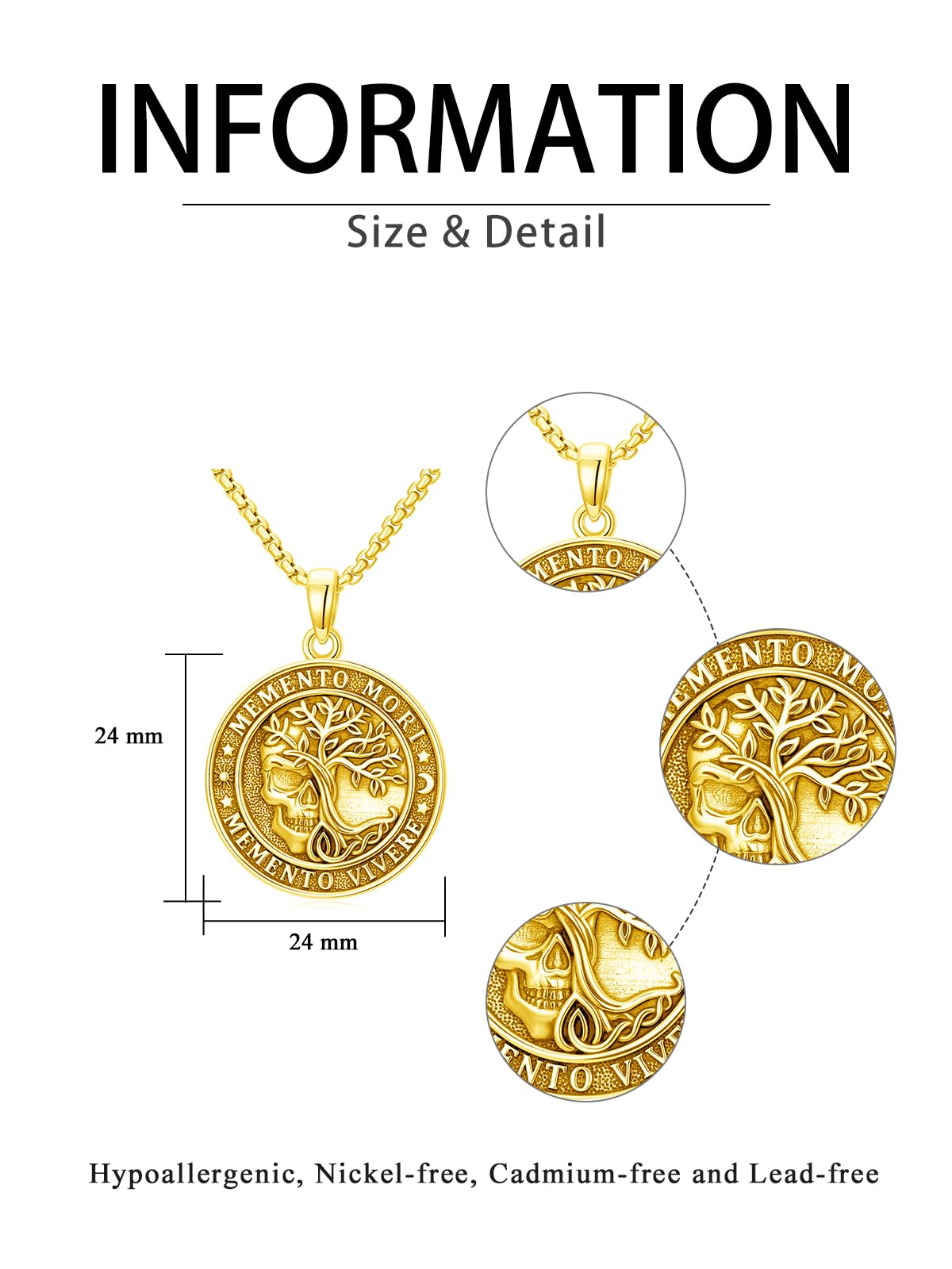 POIUY Memento Mori Gold Skull Necklace for Men and Women Gothic Tree of Life Hourglass Pendant Gothic Amulet Jewelry Protection Necklace Gift for Him Her Husband Wife