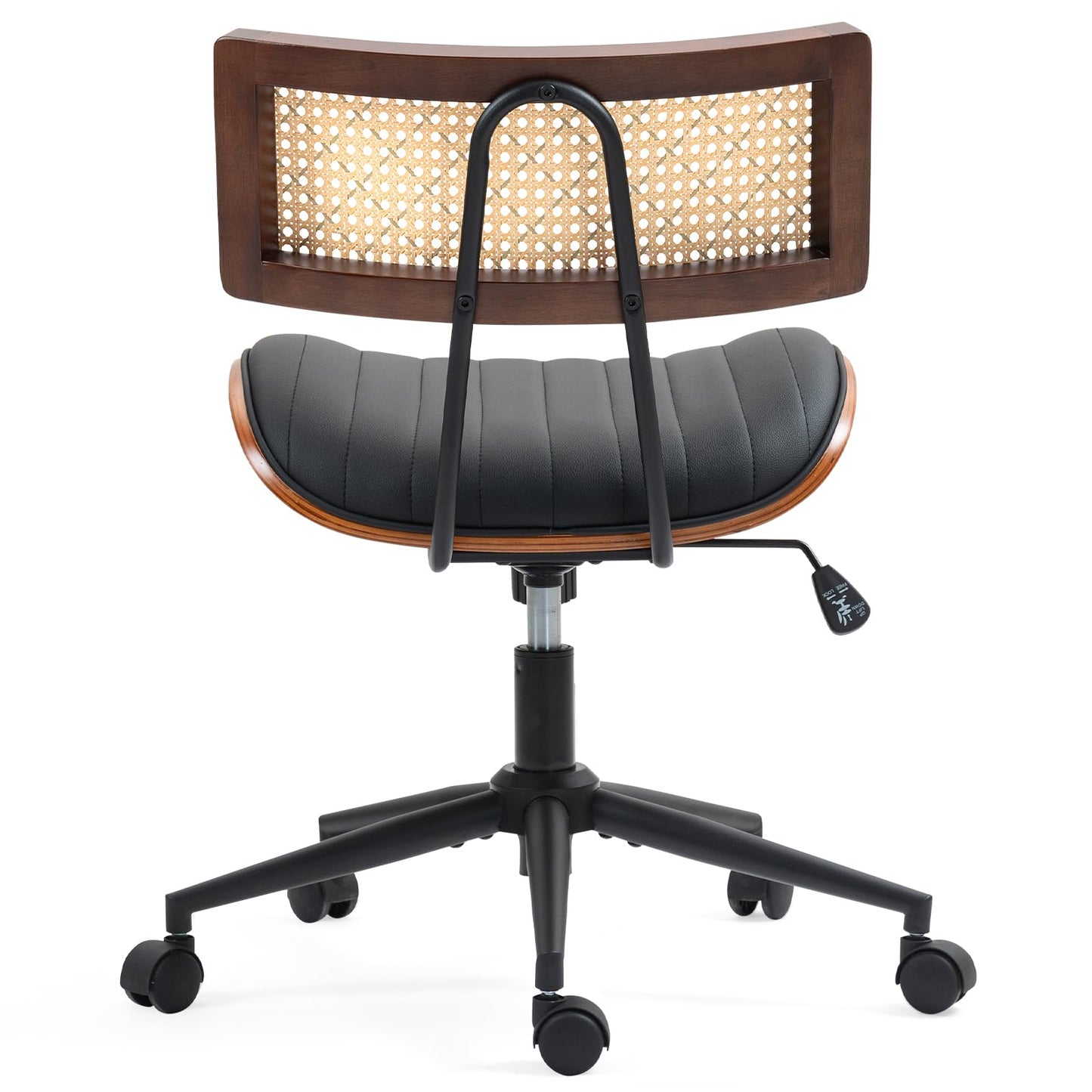 Newnno Home Office Chair with Wheels, Adjustable Height Desk Chair with Rattan Backrest, Leather Swivel Computer Chair, Armless Modern Walnut Chair for Office, Meeting Room, Black