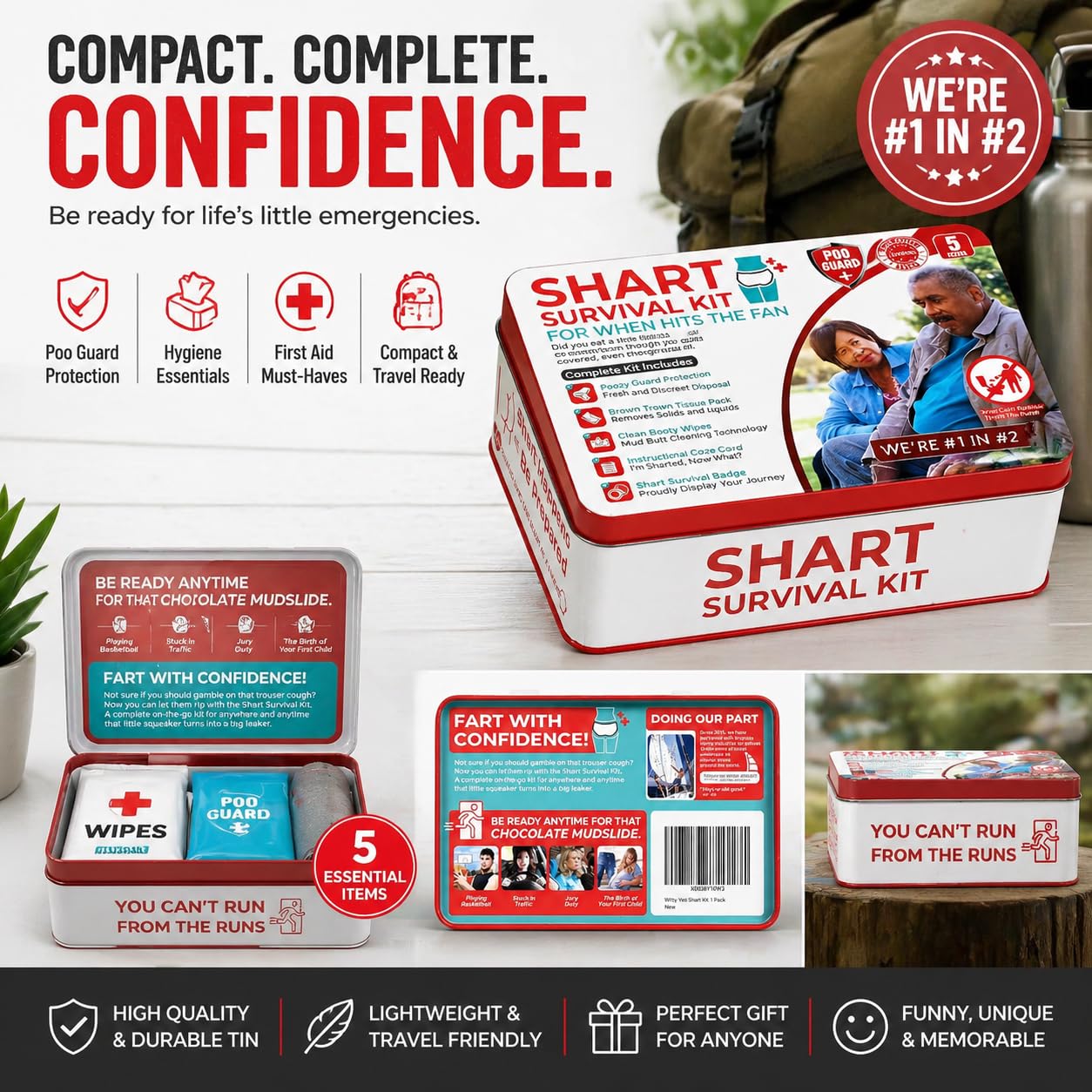 Funny Shart Survival Kit Ultimate Poop Prank Gag Gift Set Contains Wet Wipes, Disposable Underwear, Tissues and Hilarious Badge. Novelty Fart Potty Pack Great for Friends or Family