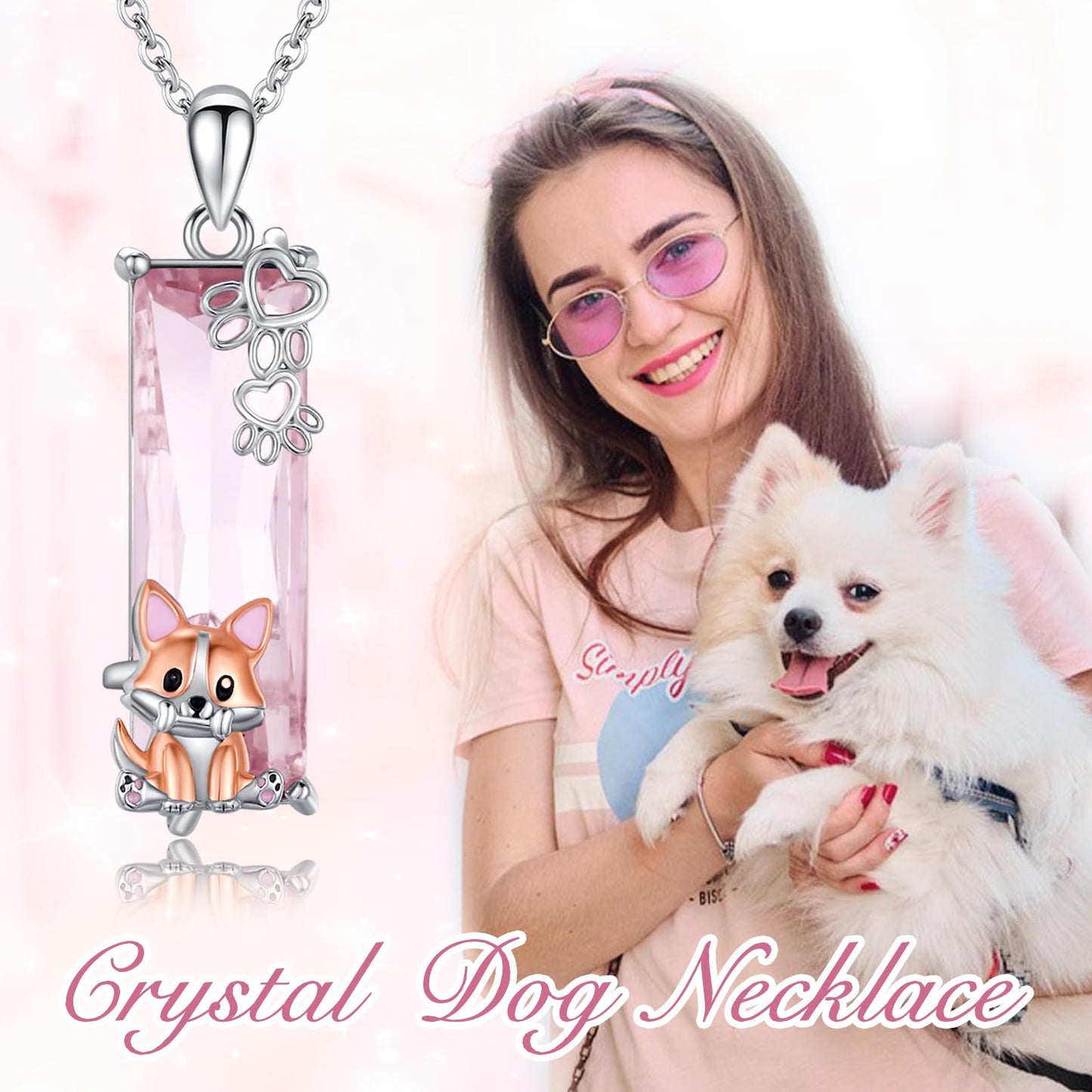 AENEAS Corgi Necklace for Women 925 Sterling Silver Pink Crystal Pendant Cute Puppy Paw Jewelry Gifts for Her Wife