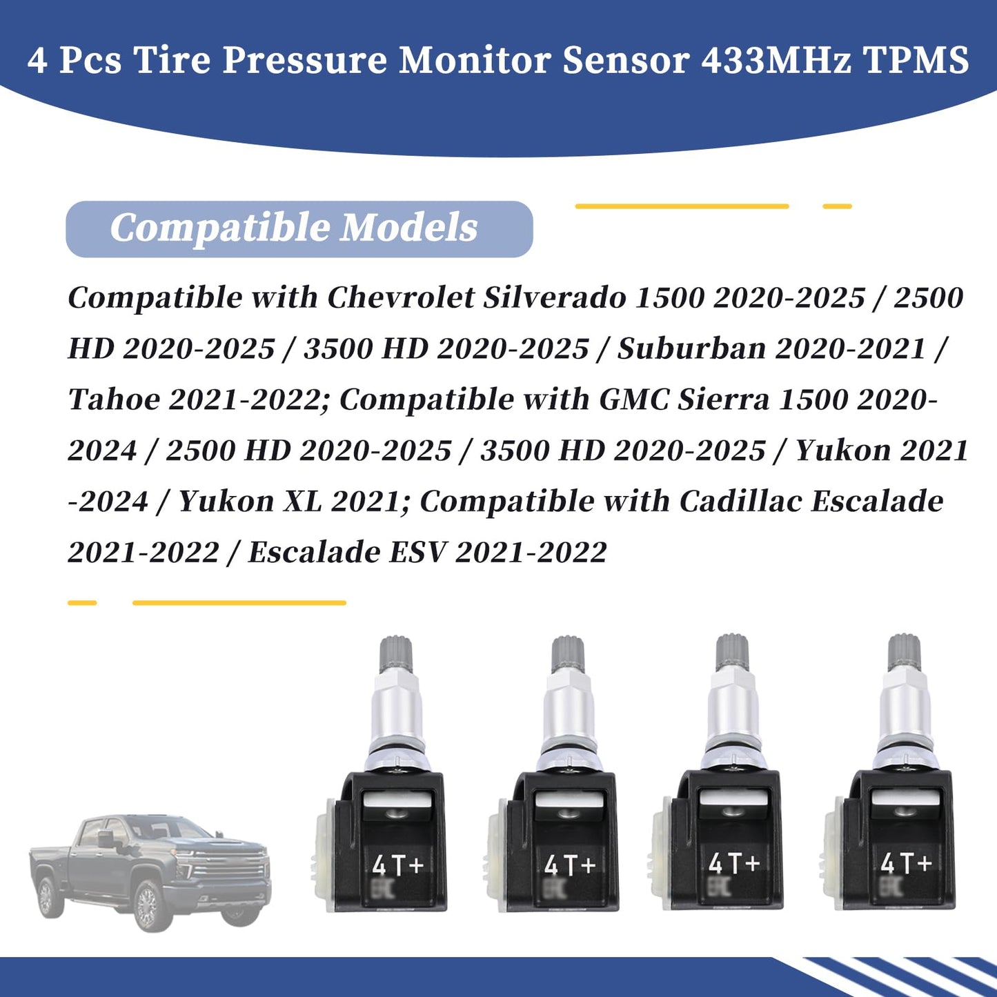 ‎Getfarway ‎‎4 Pcs Tire Pressure Monitor Sensor 433MHz TPMS 13545366 Fit for GMC Chevrolet Cadillac Sierra Silverado Suburban Tahoe Yukon Escalade 2019-2025 86803857 84338125 85110397