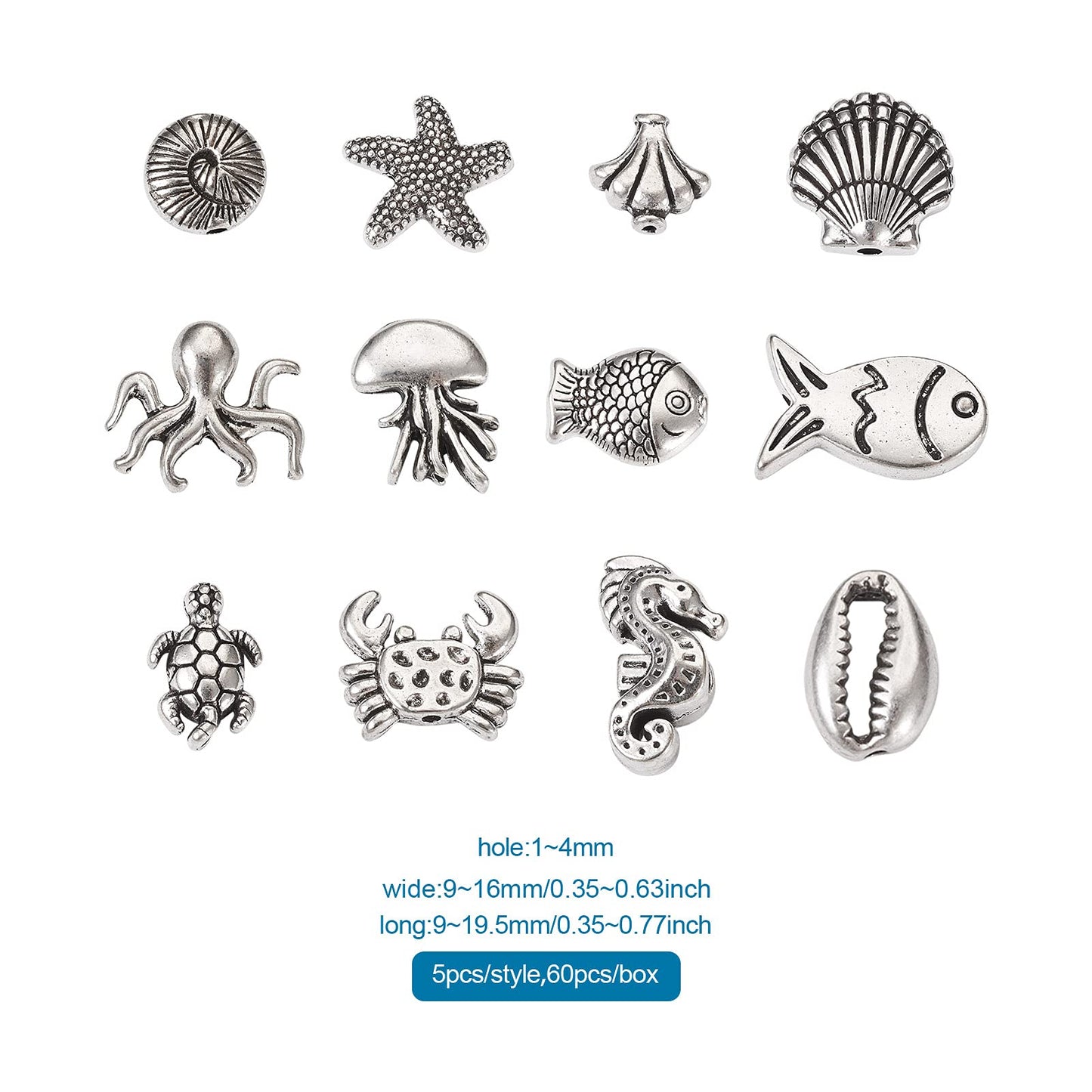 Fashewelry 60pcs Ocean Animal Tibetan Loose Spacer Beads Turtle Shell Fish Antique Silver Sea Life Creatures Alloy Western Beads for Necklace Bracelet Earring Craft Jewelry Making Supplies