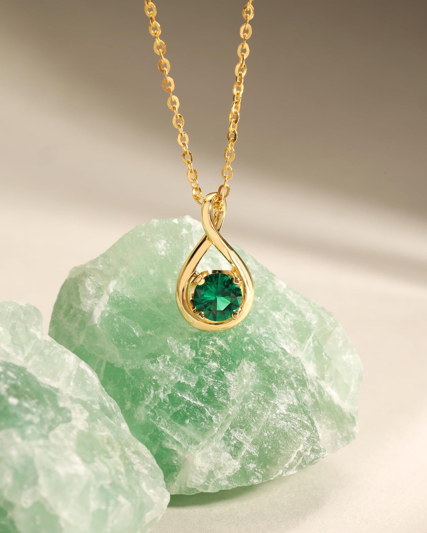 FANCIME Emerald Necklace Yellow Gold Plated 925 Sterling Silver Infinity Pendant May Birthstone Necklace for Women Green Gemstone Fine Jewelry Birthday Mothers Day Gifts for Mom Her