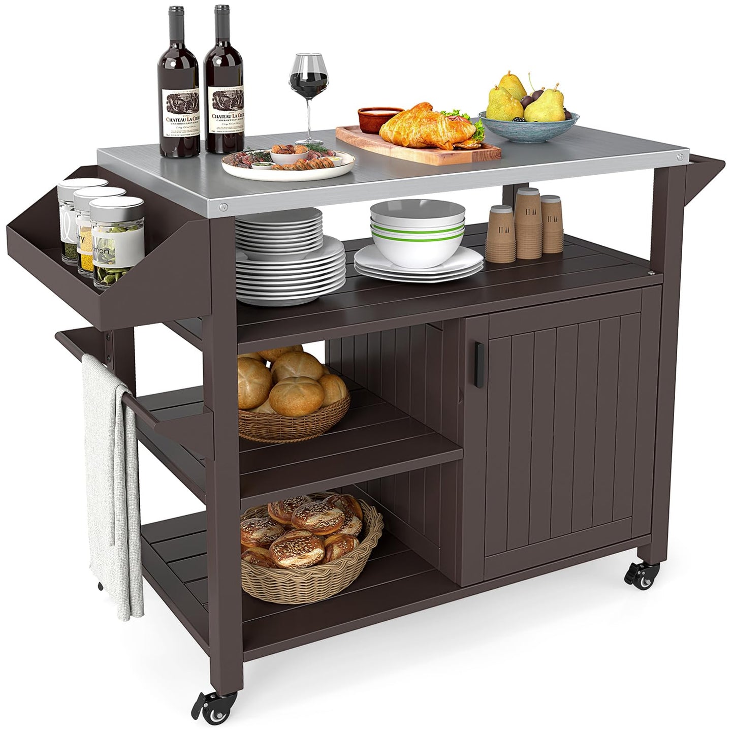 Giantex Outdoor Grill Cart with Storage Cabinet & Shelves, Patio Kitchen Island Table with Stainless Steel Top, Spice & Towel Rack, Movable Pizza Oven Stand on Wheels, Rolling Bar Cart BBQ Prep Table